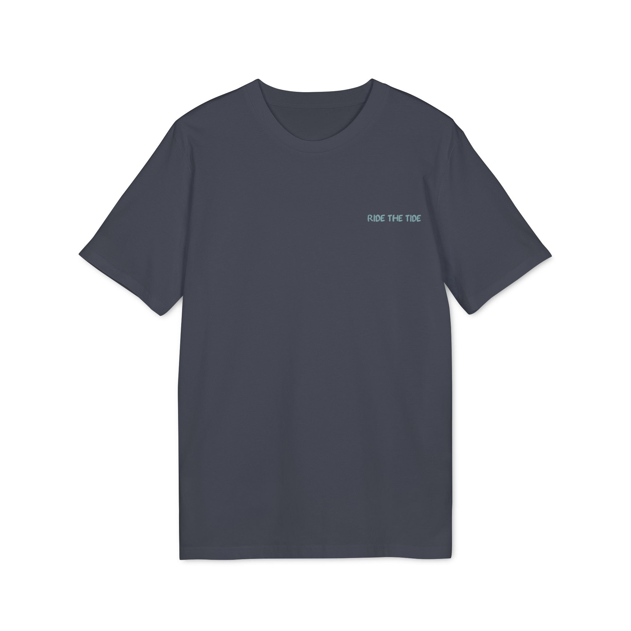 Surfbrett Illustration, "Ride the Tide", Meer Surfen Design T-Shirt aus Baumwolle Unisex mit Print vorne und hinten, Ozean