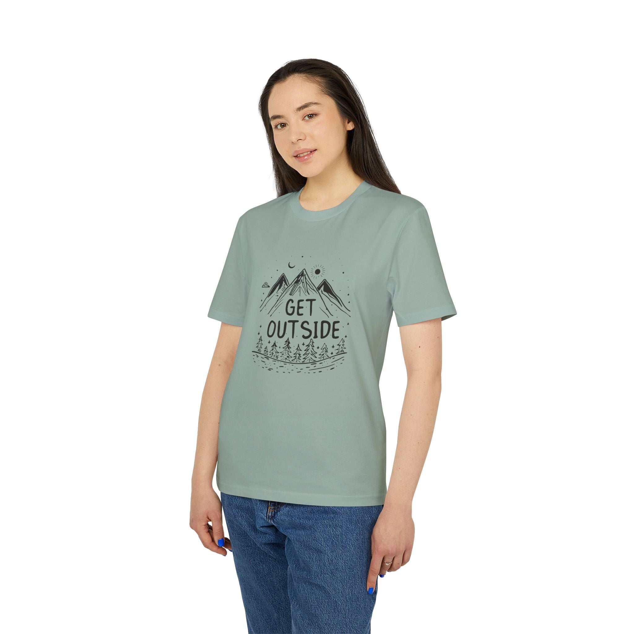 Get Outside T-Shirt – Outdoor Illustration mit Bergen & Wald | Unisex Bio-Baumwollshirt
