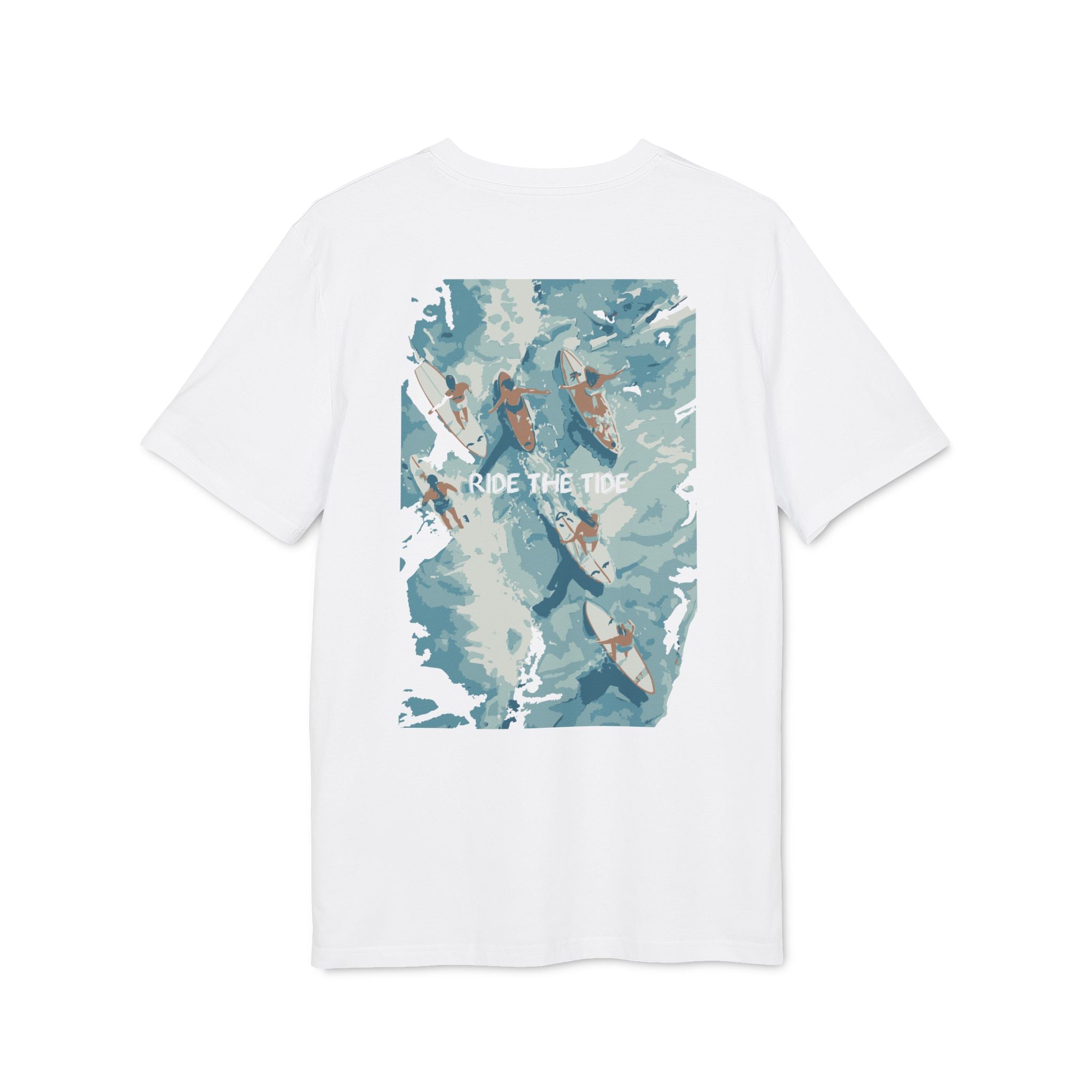 Surfbrett Illustration, "Ride the Tide", Meer Surfen Design T-Shirt aus Baumwolle Unisex mit Print vorne und hinten, Ozean