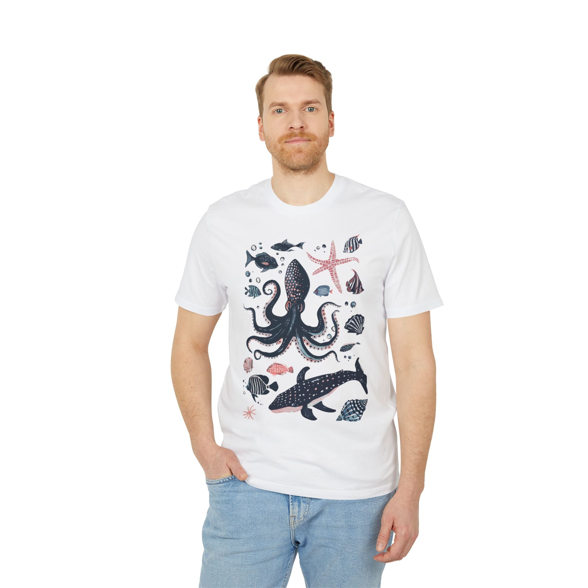 Meerestiere Illustration, Maritimes Design T-Shirt aus Baumwolle Unisex mit Print vorne, Ozean, Wale, Fische