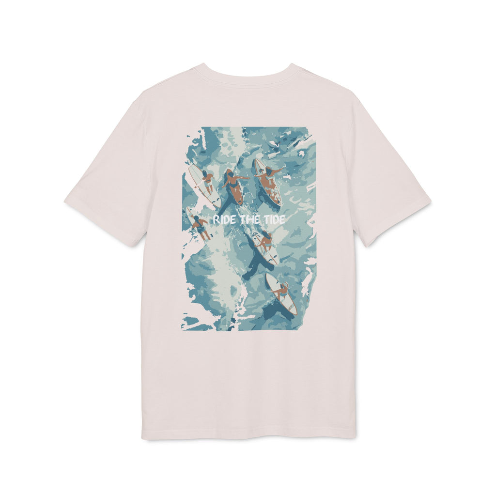 Surfbrett Illustration, "Ride the Tide", Meer Surfen Design T-Shirt aus Baumwolle Unisex mit Print vorne und hinten, Ozean
