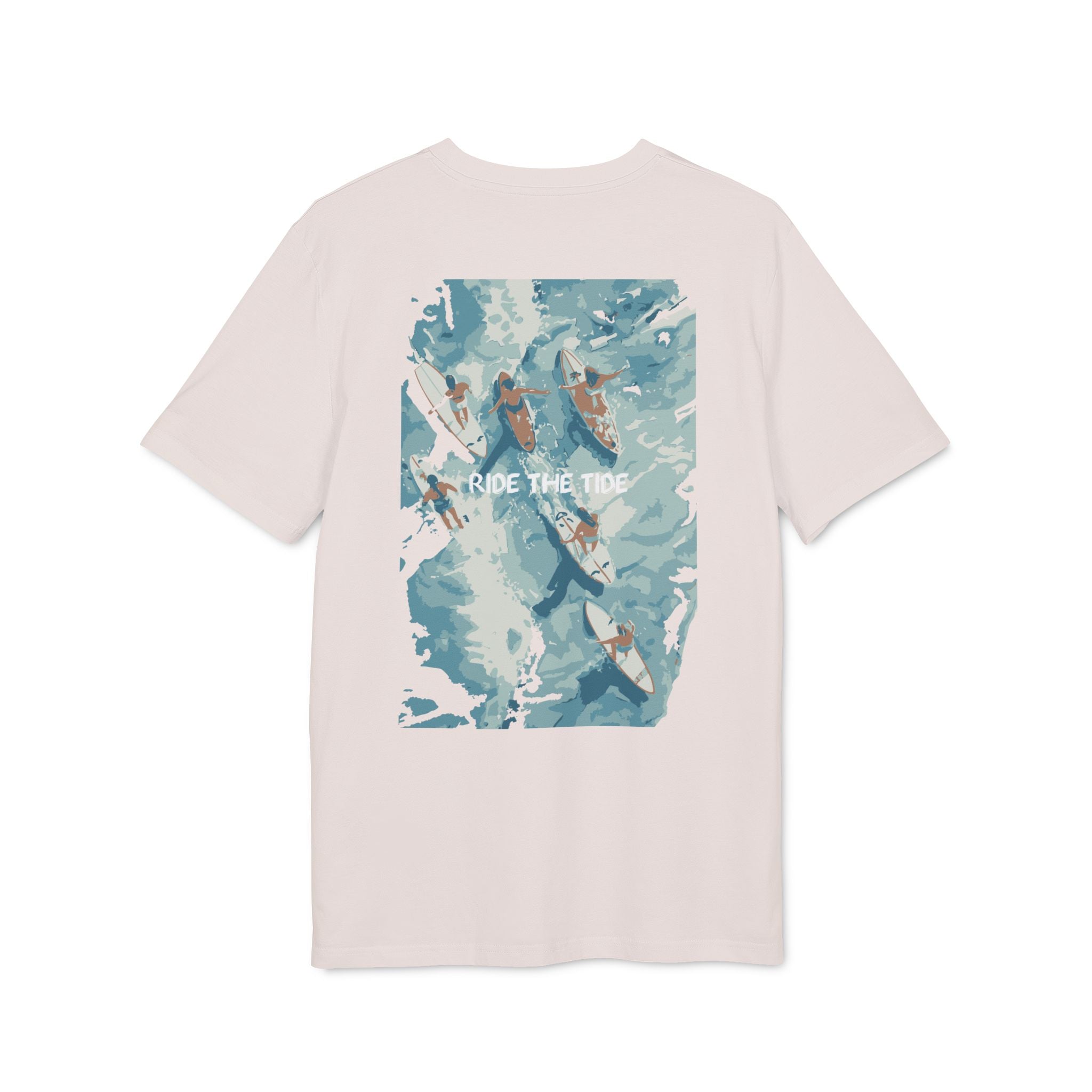 Surfbrett Illustration, "Ride the Tide", Meer Surfen Design T-Shirt aus Baumwolle Unisex mit Print vorne und hinten, Ozean