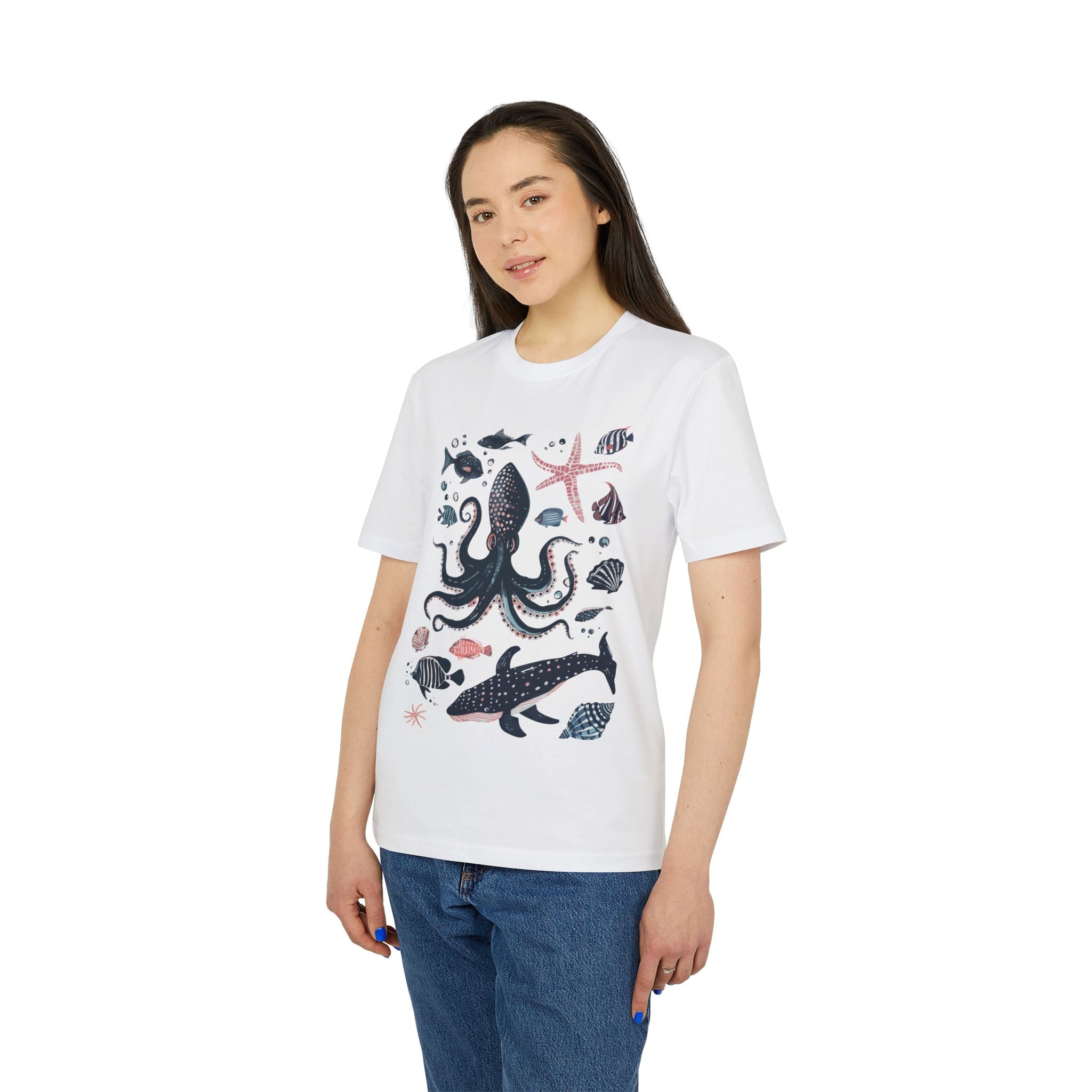 Meerestiere Illustration, Maritimes Design T-Shirt aus Baumwolle Unisex mit Print vorne, Ozean, Wale, Fische