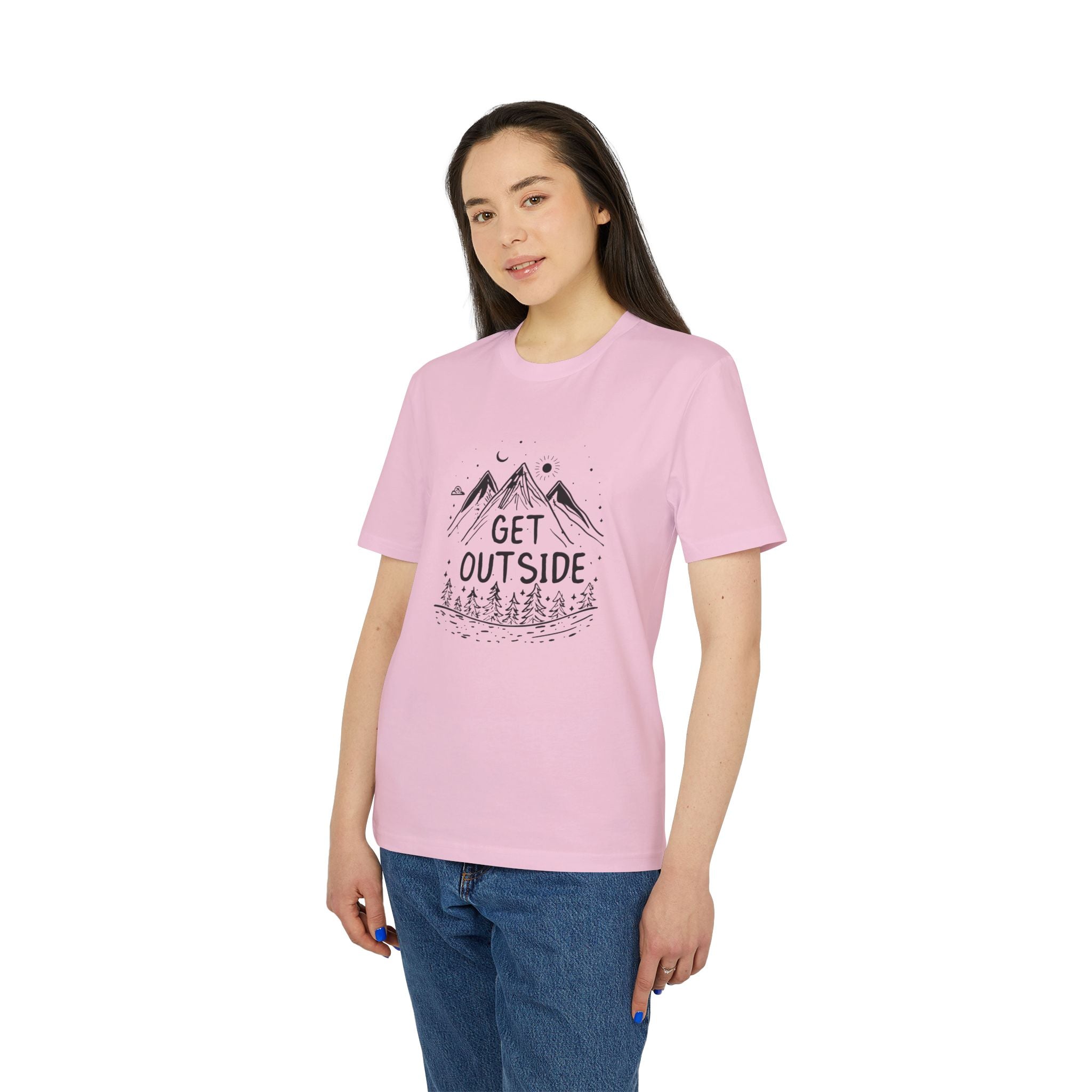Get Outside T-Shirt – Outdoor Illustration mit Bergen & Wald | Unisex Bio-Baumwollshirt
