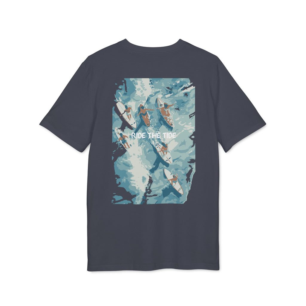 Surfbrett Illustration, "Ride the Tide", Meer Surfen Design T-Shirt aus Baumwolle Unisex mit Print vorne und hinten, Ozean