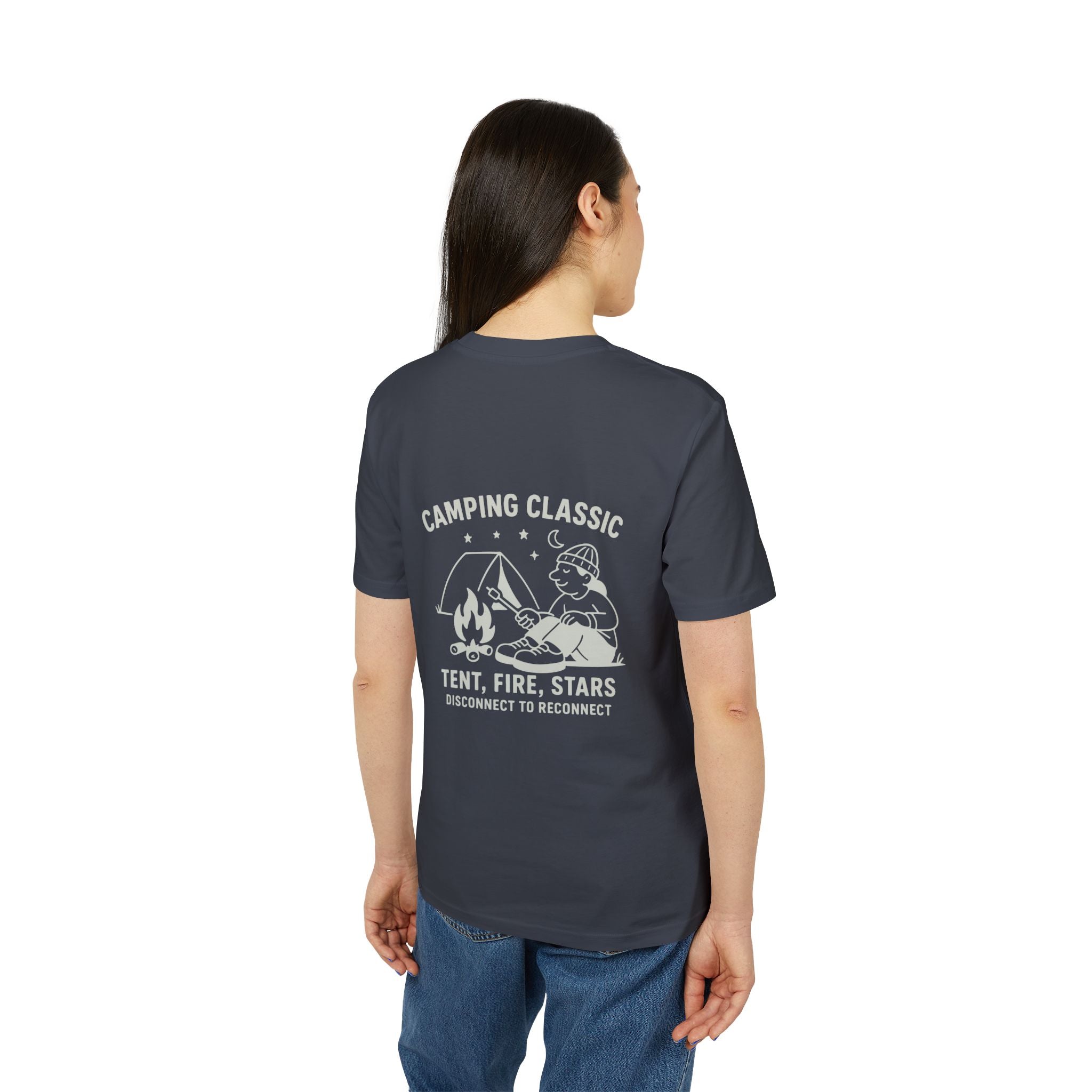 Camping Classic T-Shirt – Tent, Fire, Stars | Lagerfeuer-Design mit Rückendruck | Unisex Bio-Baumwollshirt