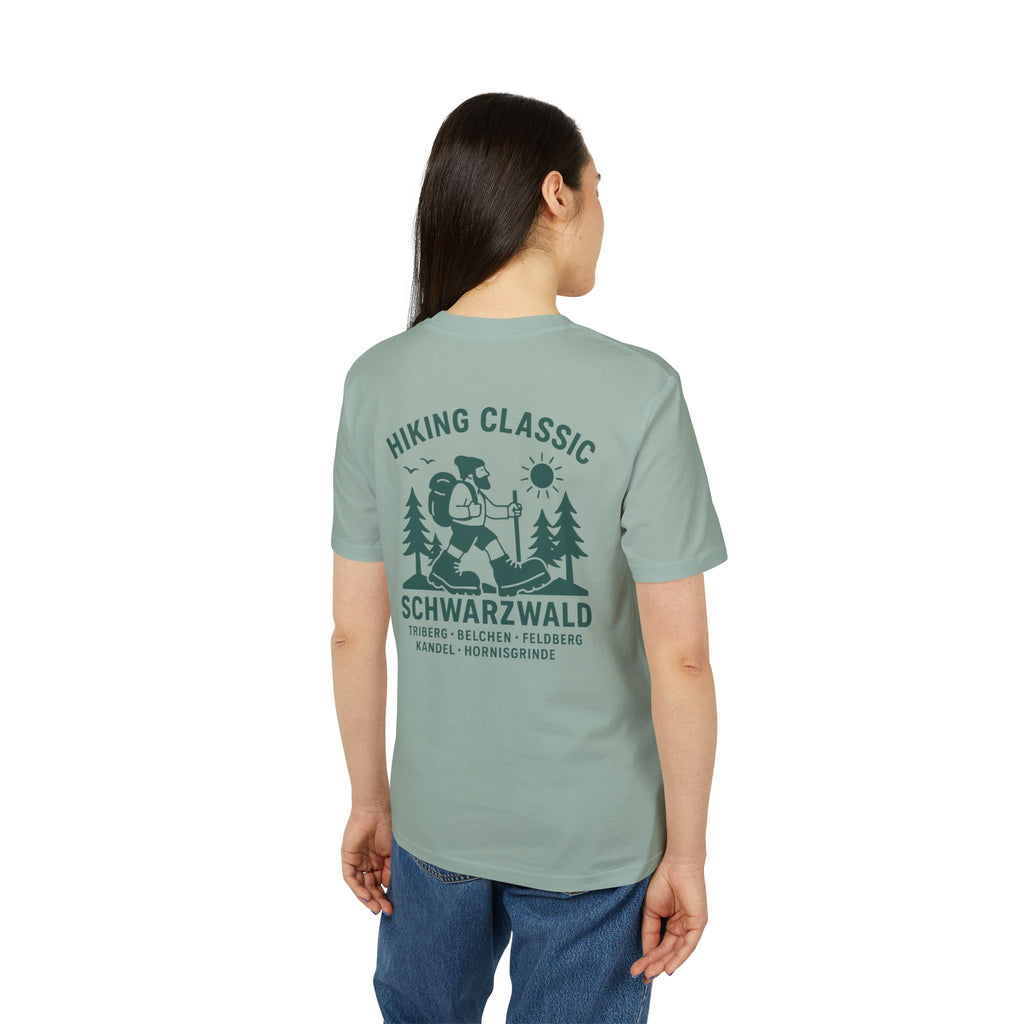 Hiking Classic Schwarzwald T-Shirt – Wanderer-Illustration mit Rückendruck | Schwarzwald Design | Unisex Bio-Baumwollshirt