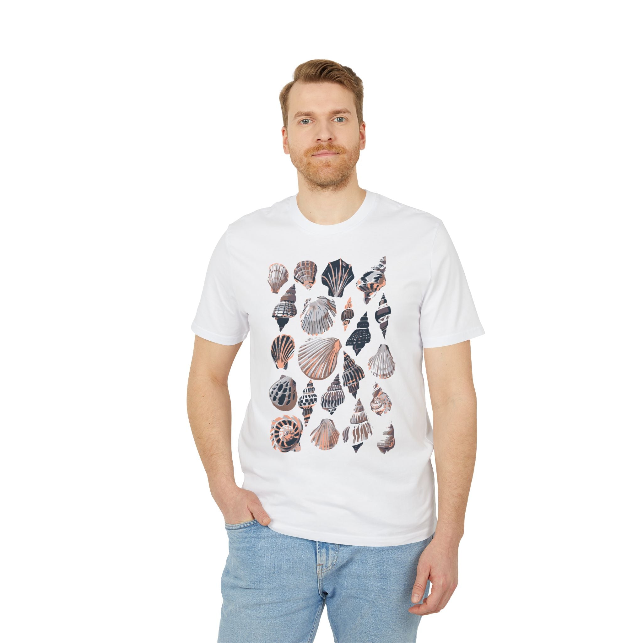 Muschel Natur Illustration, Maritimes Design T-Shirt aus Baumwolle Unisex mit Print vorne