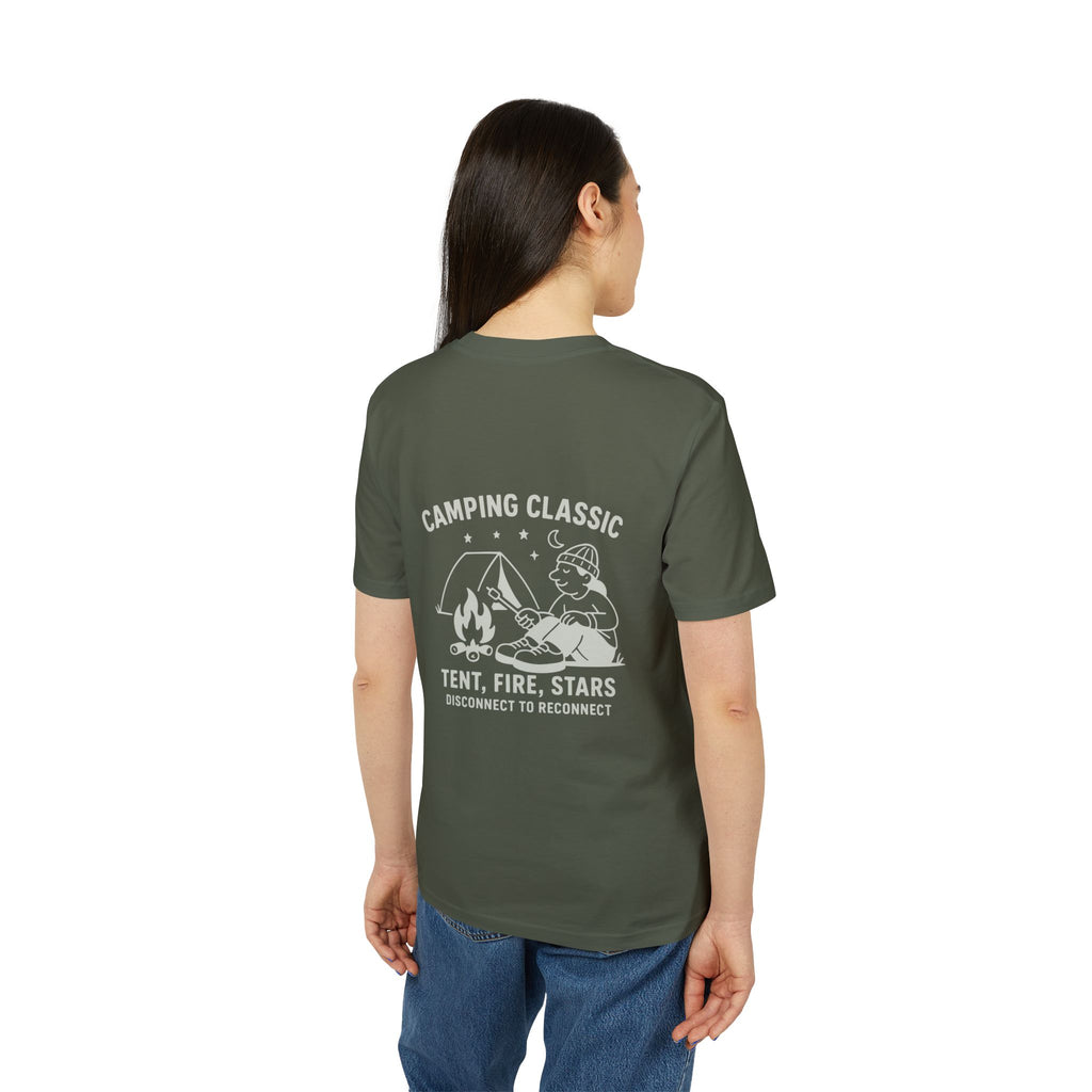 Camping Classic T-Shirt – Tent, Fire, Stars | Lagerfeuer-Design mit Rückendruck | Unisex Bio-Baumwollshirt