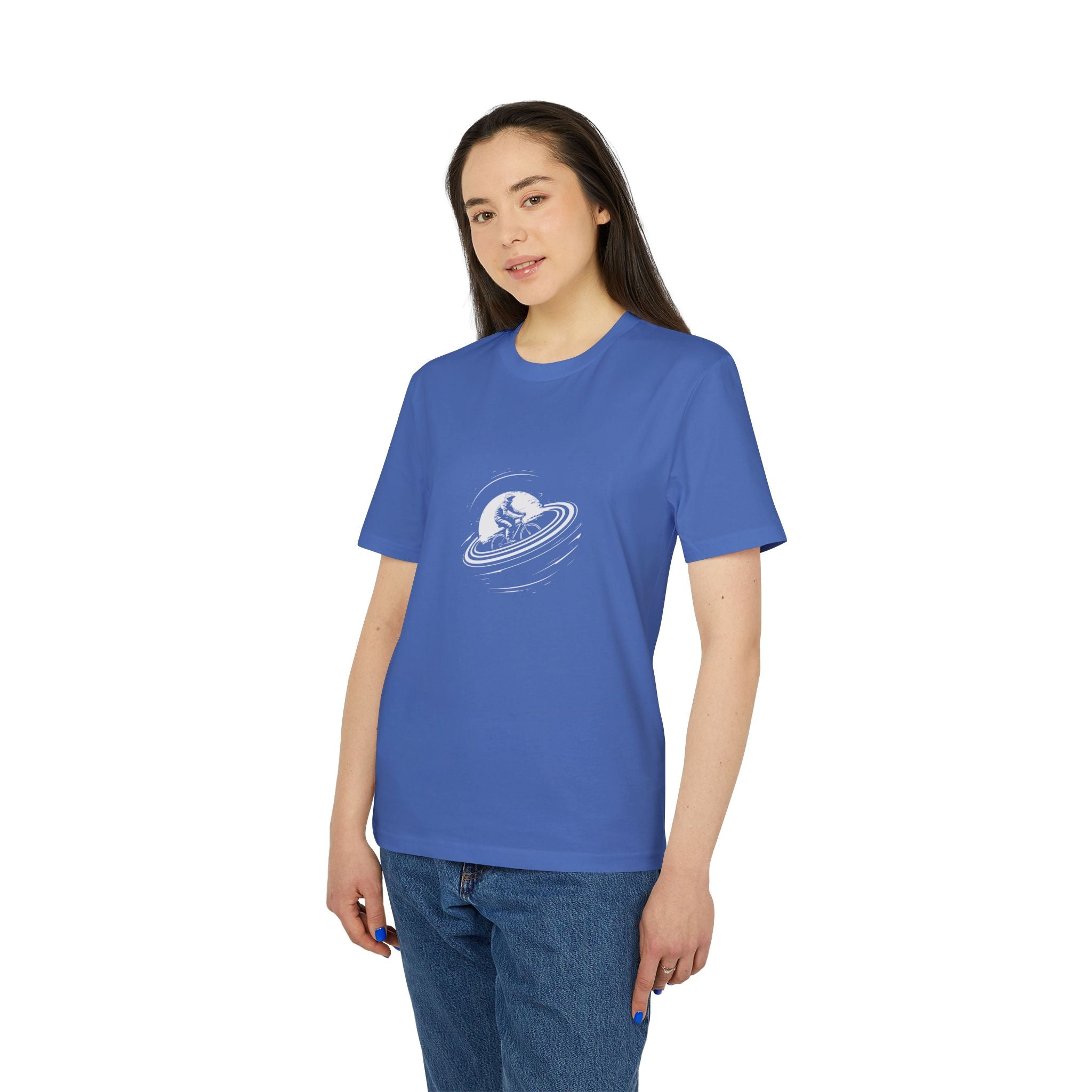 Fahrrad im Universum, Radsport Shirt, Illustration, T-Shirt aus Bio Baumwolle Unisex mit Print vorne