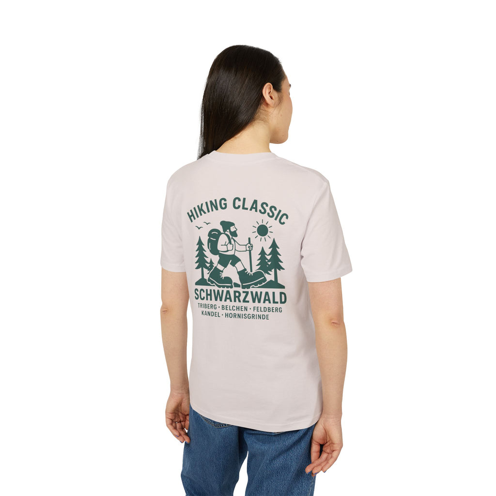 Hiking Classic Schwarzwald T-Shirt – Wanderer-Illustration mit Rückendruck | Schwarzwald Design | Unisex Bio-Baumwollshirt