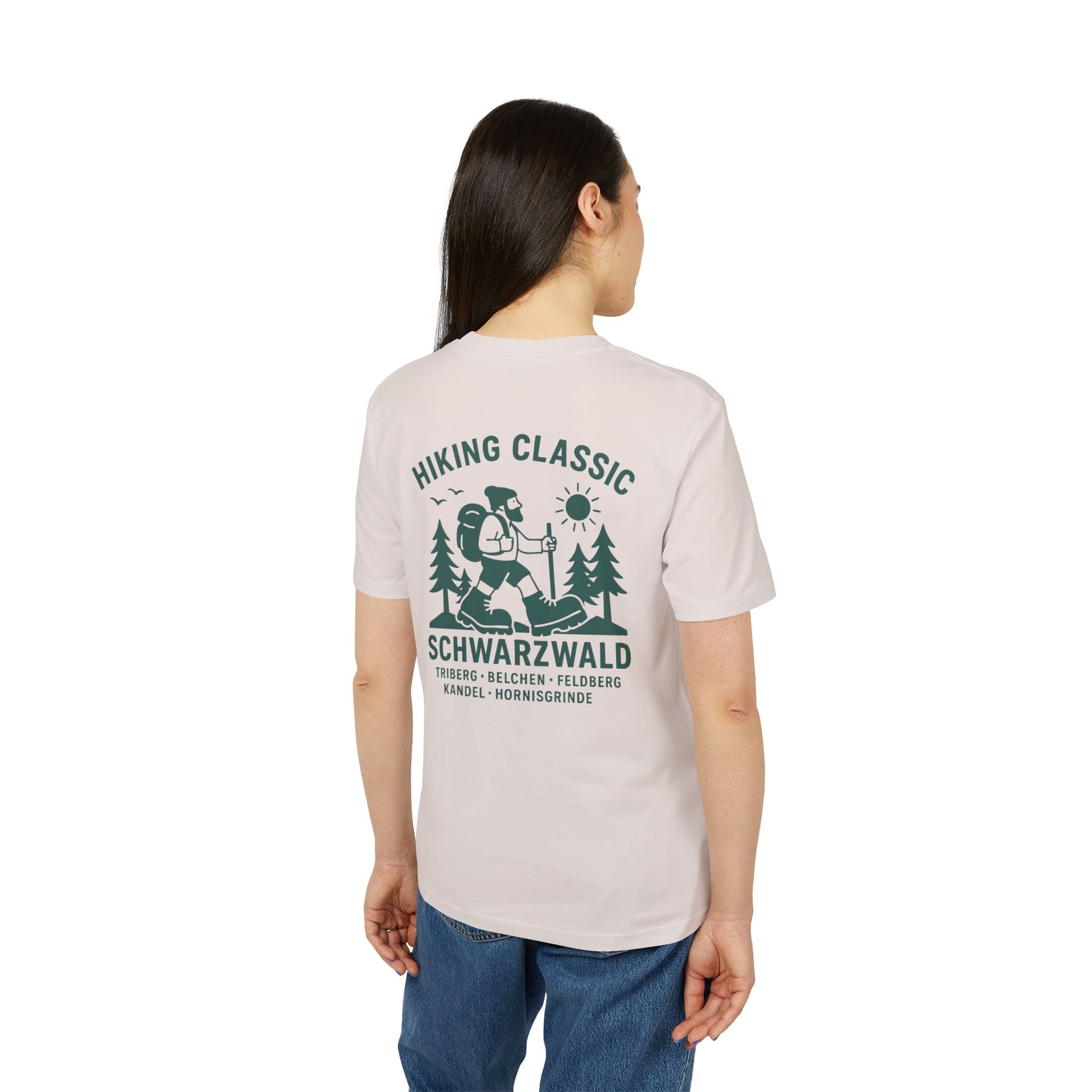 Hiking Classic Schwarzwald T-Shirt – Wanderer-Illustration mit Rückendruck | Schwarzwald Design | Unisex Bio-Baumwollshirt