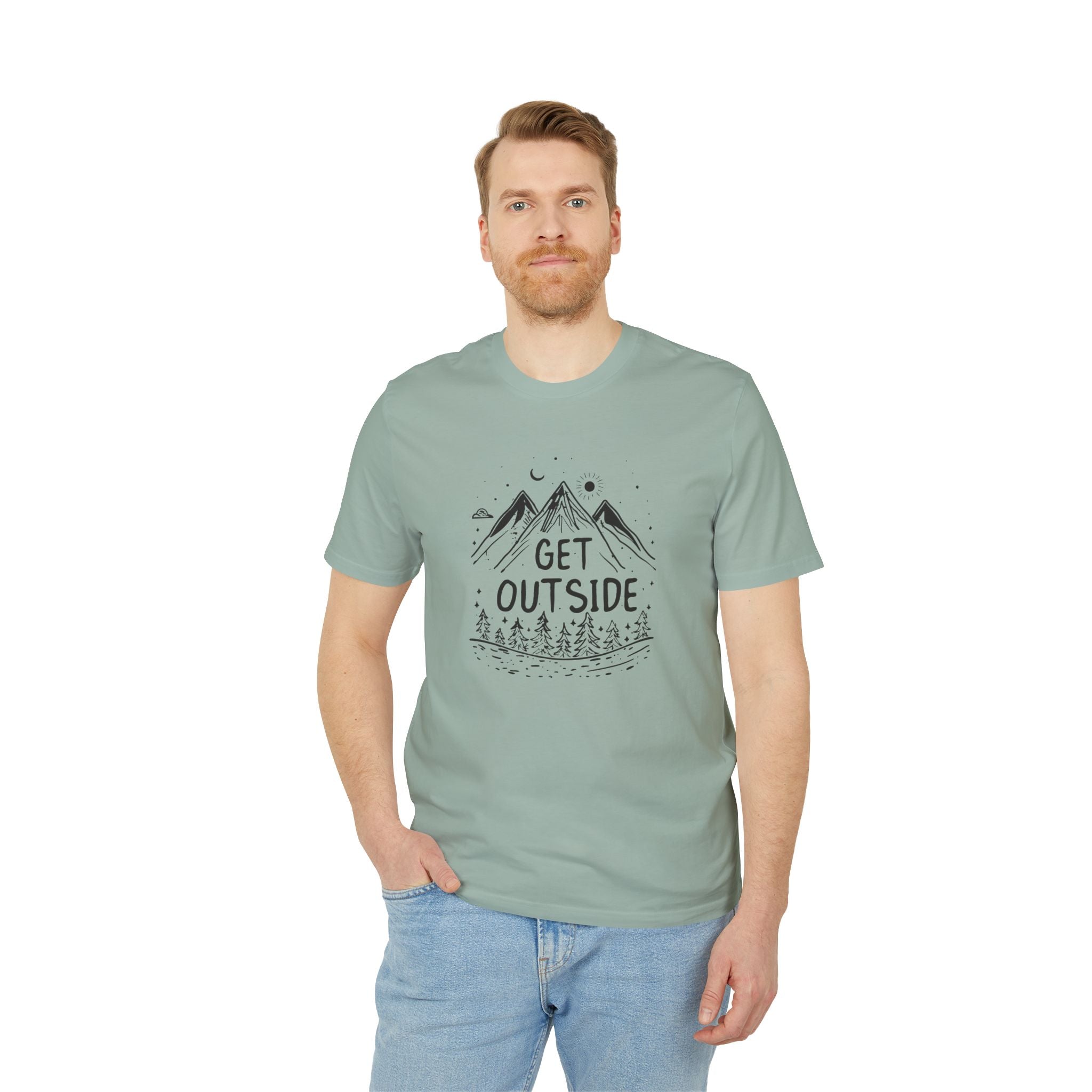 Get Outside T-Shirt – Outdoor Illustration mit Bergen & Wald | Unisex Bio-Baumwollshirt
