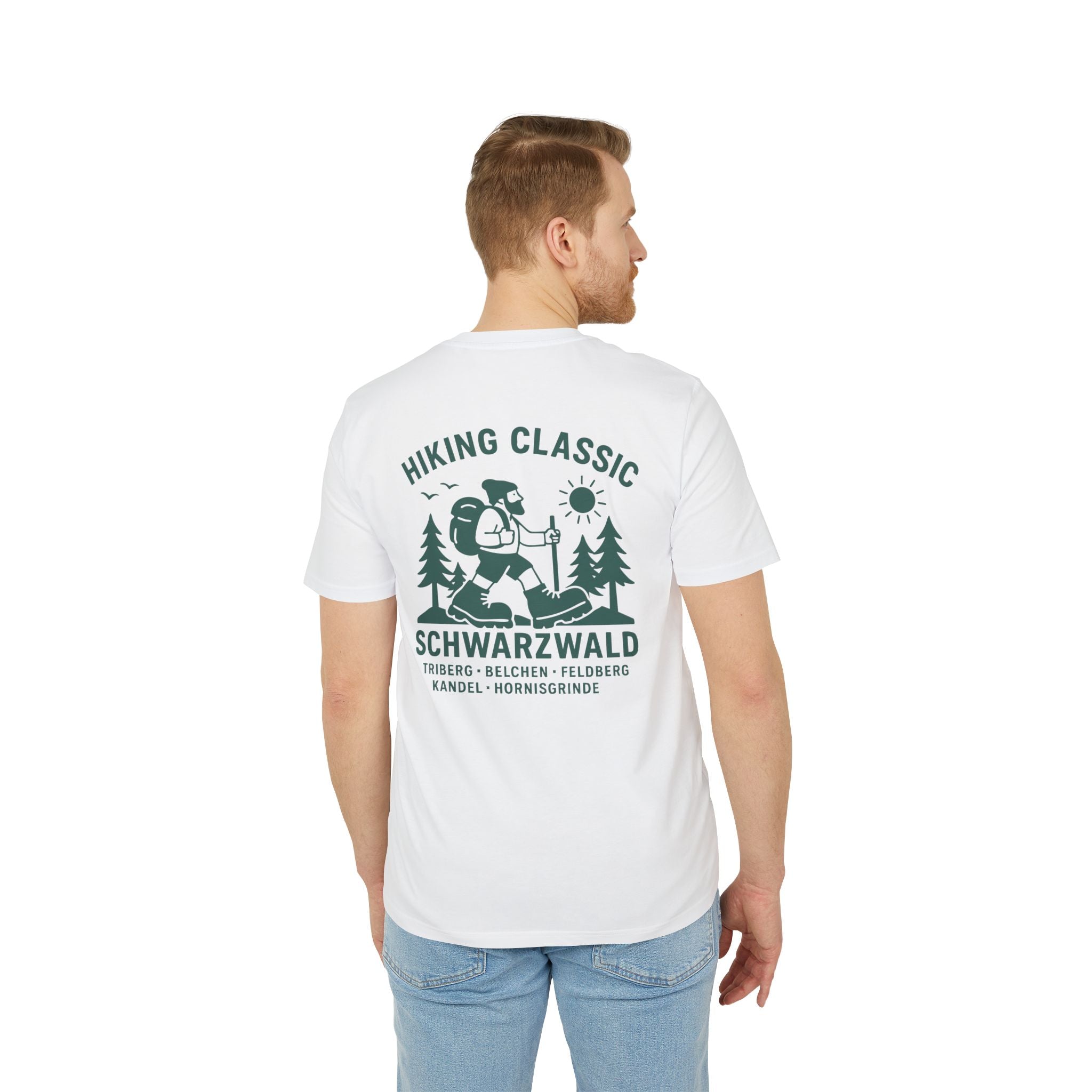 Hiking Classic Schwarzwald T-Shirt – Wanderer-Illustration mit Rückendruck | Schwarzwald Design | Unisex Bio-Baumwollshirt