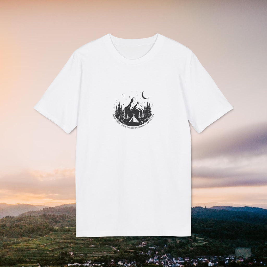 Camping Crew Outdoor Shirt, Sommer T-Shirt, Vintage Linoleum-Druck-Style aus Bio Baumwolle