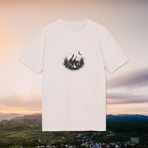 Camping Crew Outdoor Shirt, Sommer T-Shirt, Vintage Linoleum-Druck-Style aus Bio Baumwolle