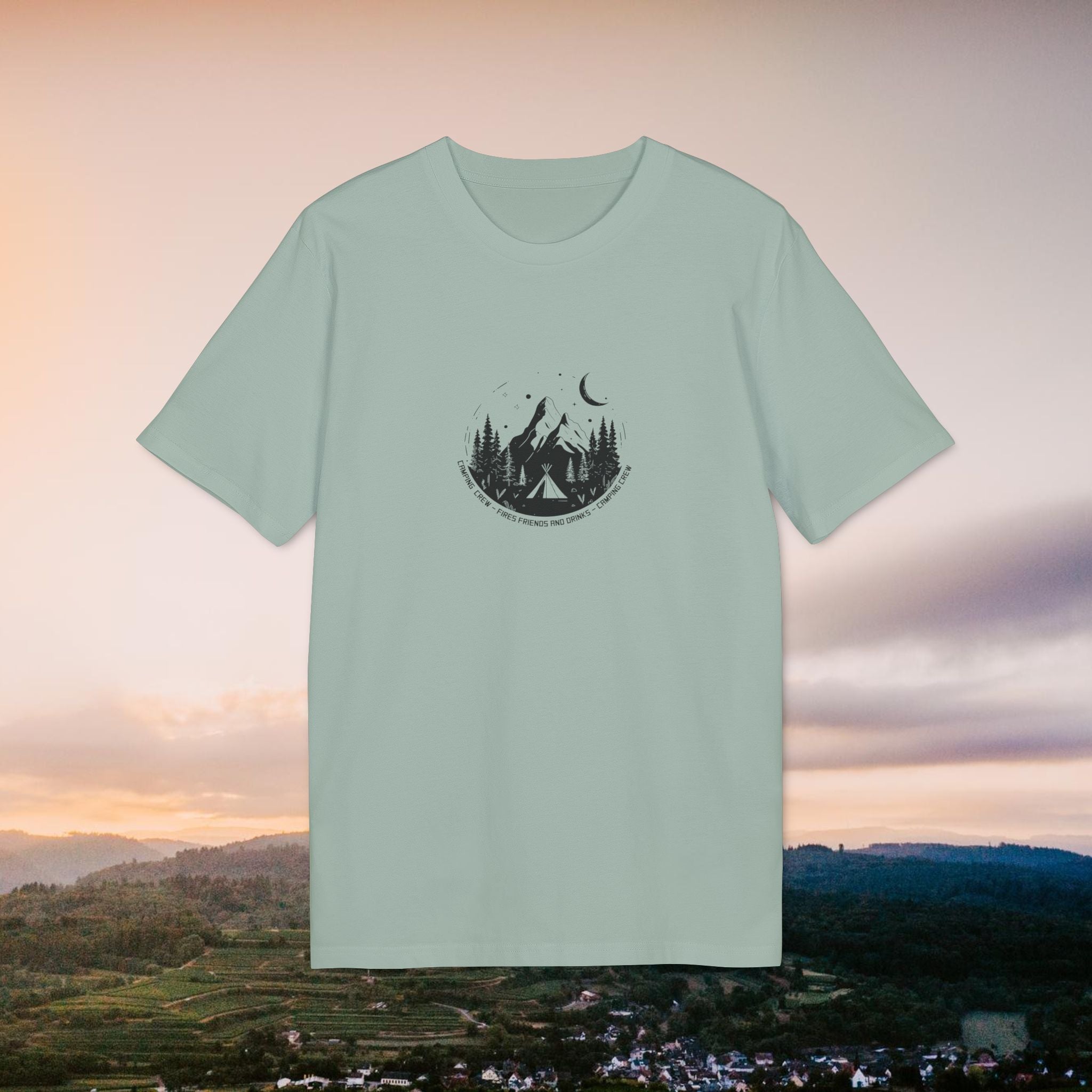 Camping Crew Outdoor Shirt, Sommer T-Shirt, Vintage Linoleum-Druck-Style aus Bio Baumwolle