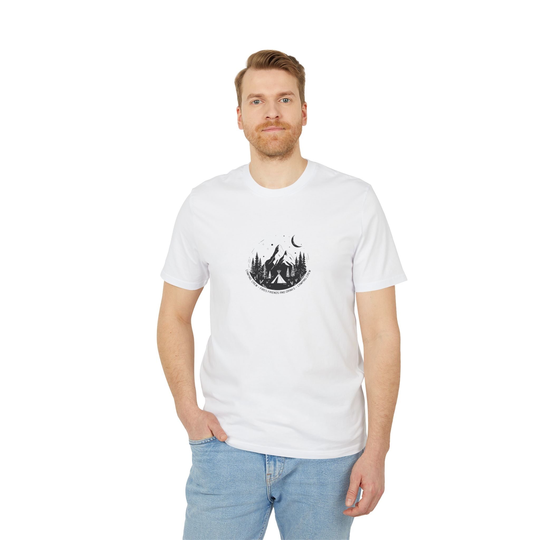 Camping Crew Outdoor Shirt, Sommer T-Shirt, Vintage Linoleum-Druck-Style aus Bio Baumwolle