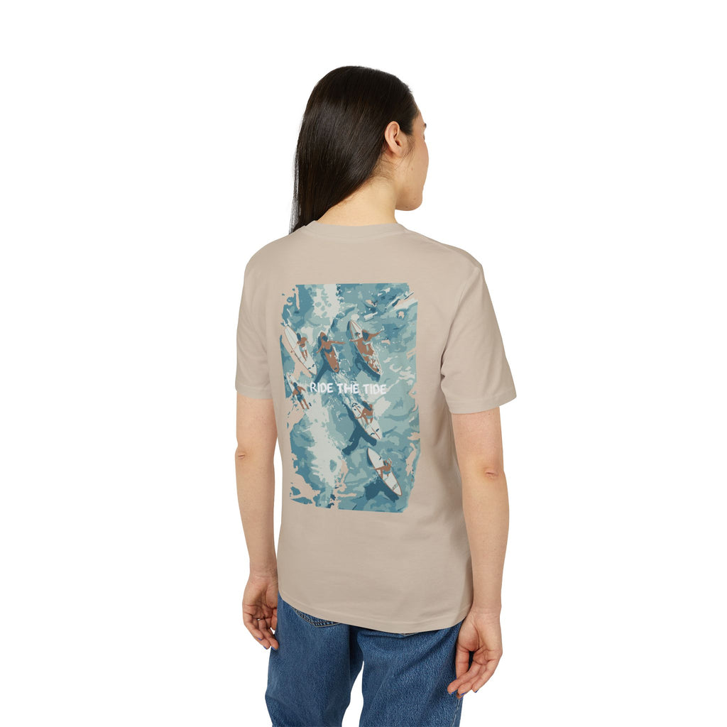 Surfbrett Illustration, "Ride the Tide", Meer Surfen Design T-Shirt aus Baumwolle Unisex mit Print vorne und hinten, Ozean
