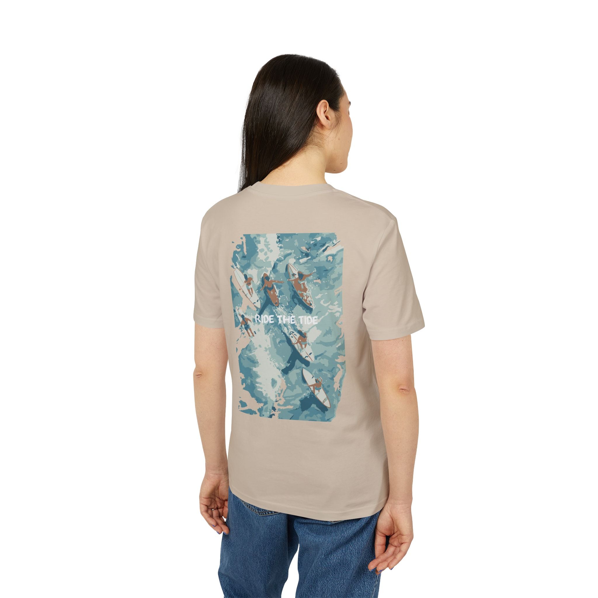 Surfbrett Illustration, "Ride the Tide", Meer Surfen Design T-Shirt aus Baumwolle Unisex mit Print vorne und hinten, Ozean