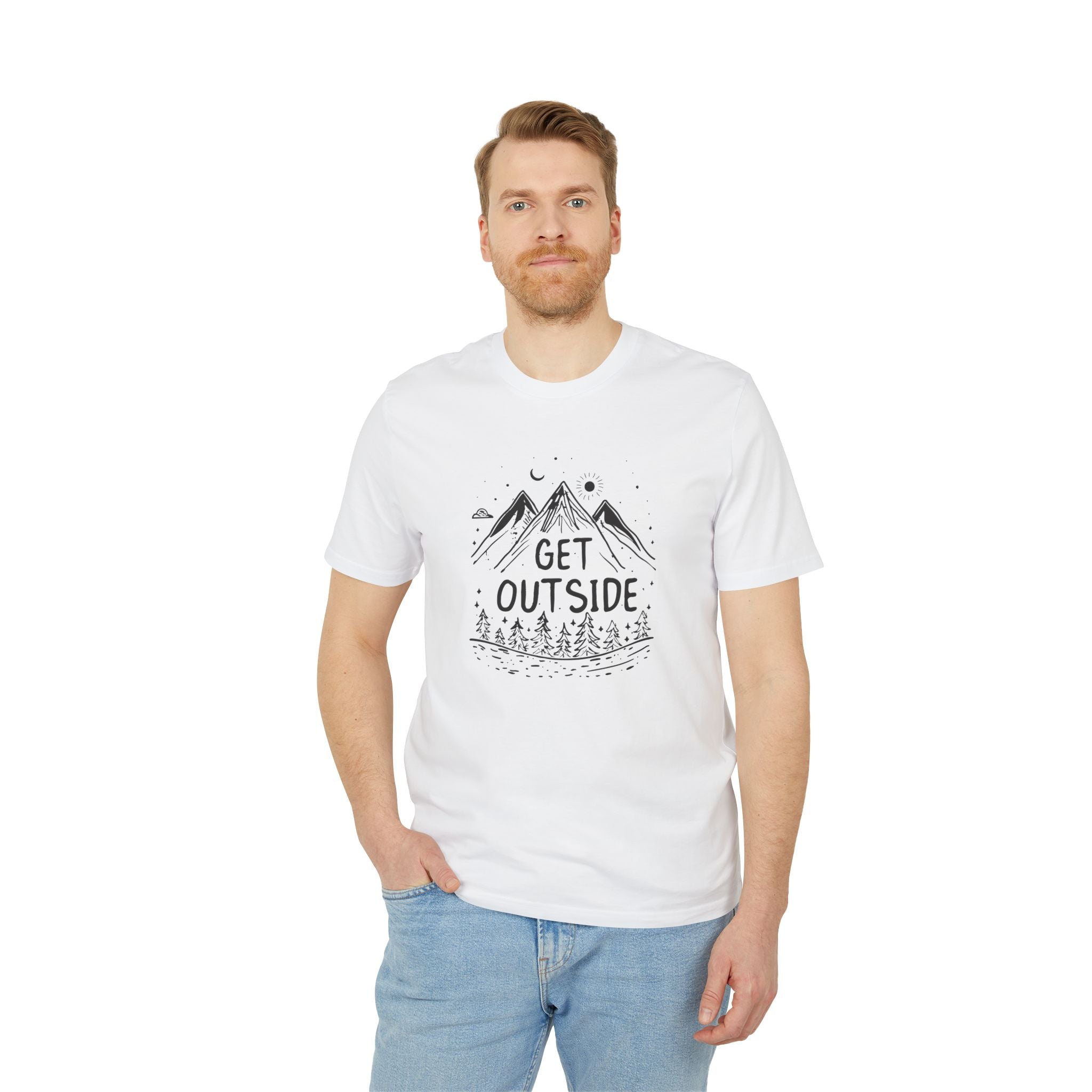 Get Outside T-Shirt – Outdoor Illustration mit Bergen & Wald | Unisex Bio-Baumwollshirt