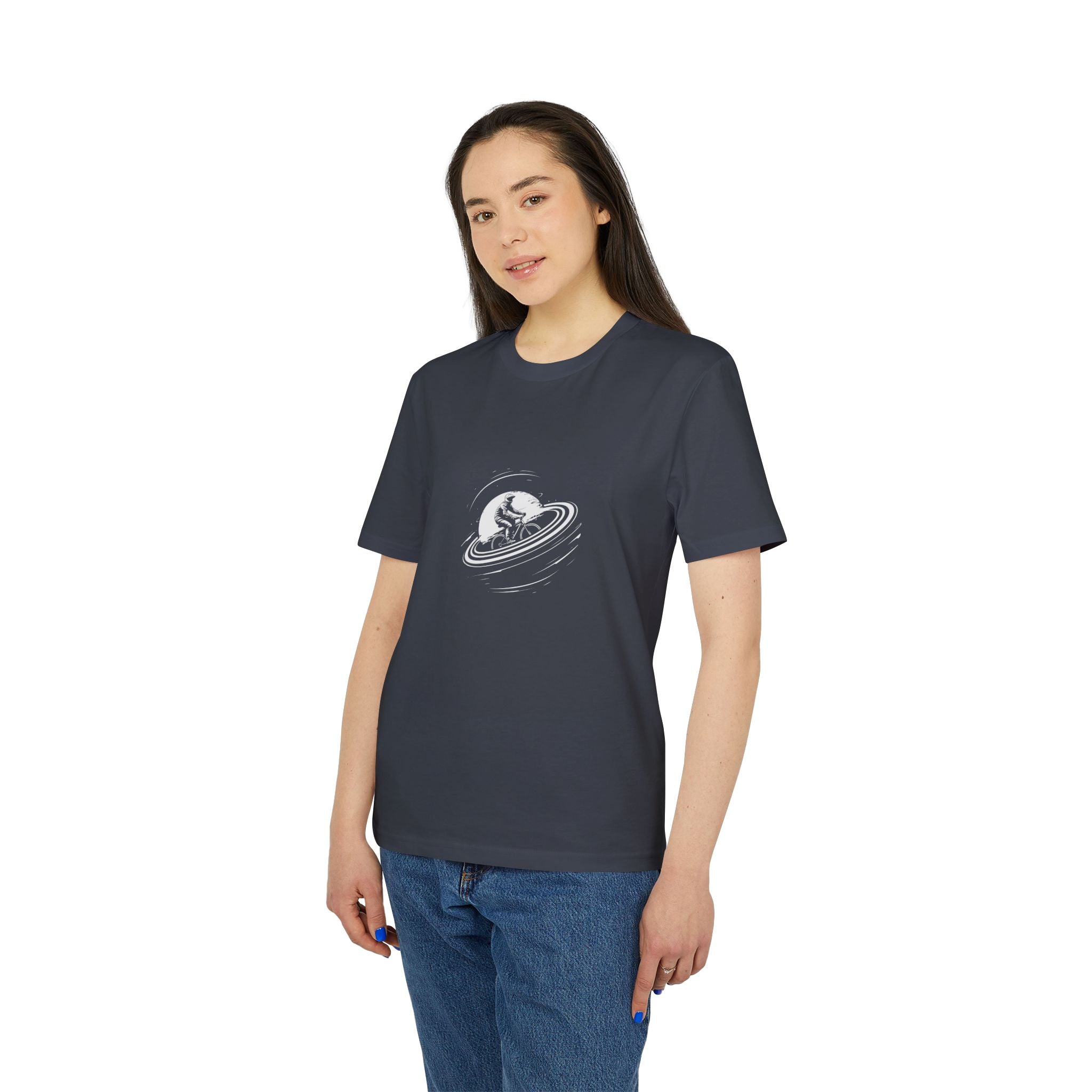 Fahrrad im Universum, Radsport Shirt, Illustration, T-Shirt aus Bio Baumwolle Unisex mit Print vorne