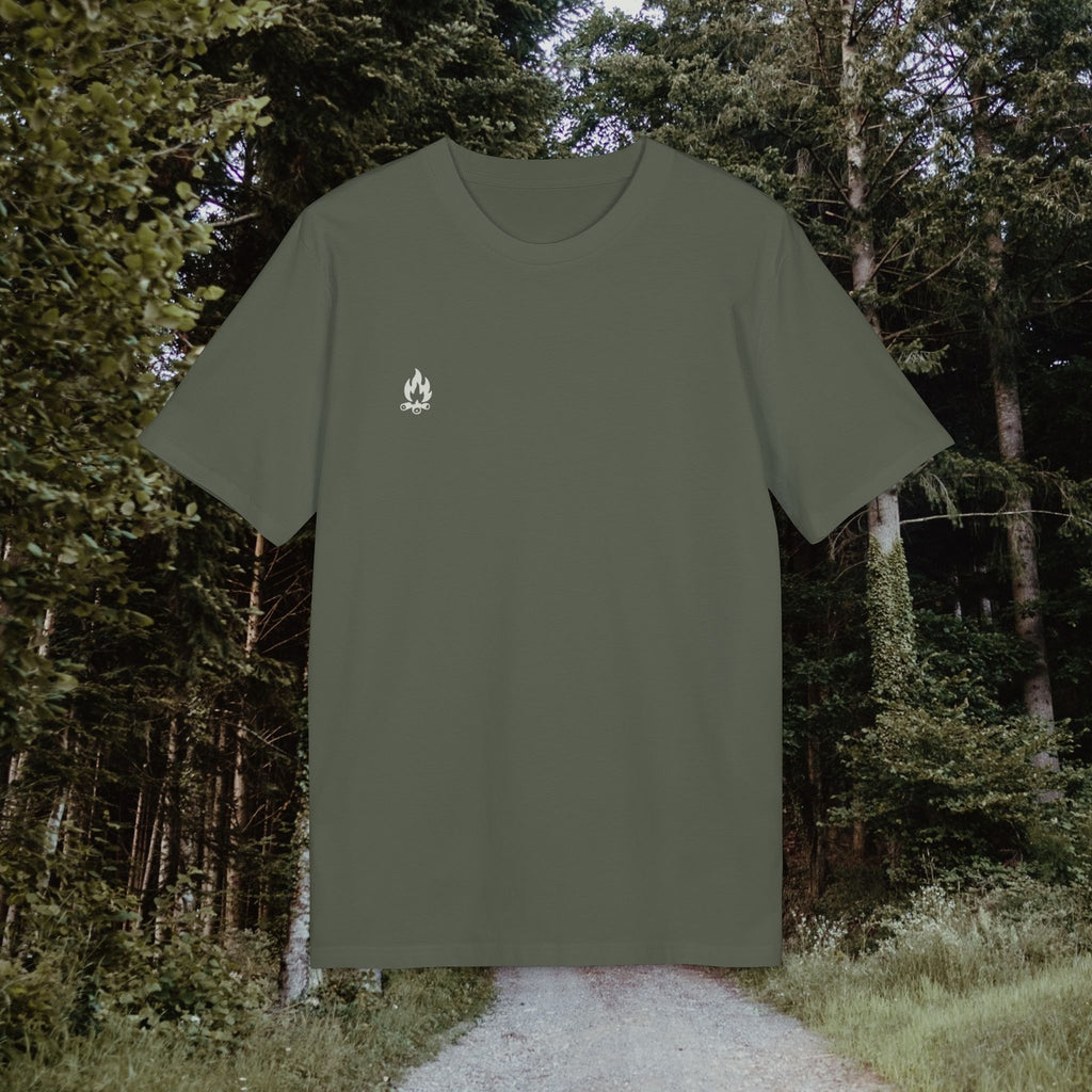 Camping Classic T-Shirt – Tent, Fire, Stars | Campfire design with back print | Unisex organic cotton shirt