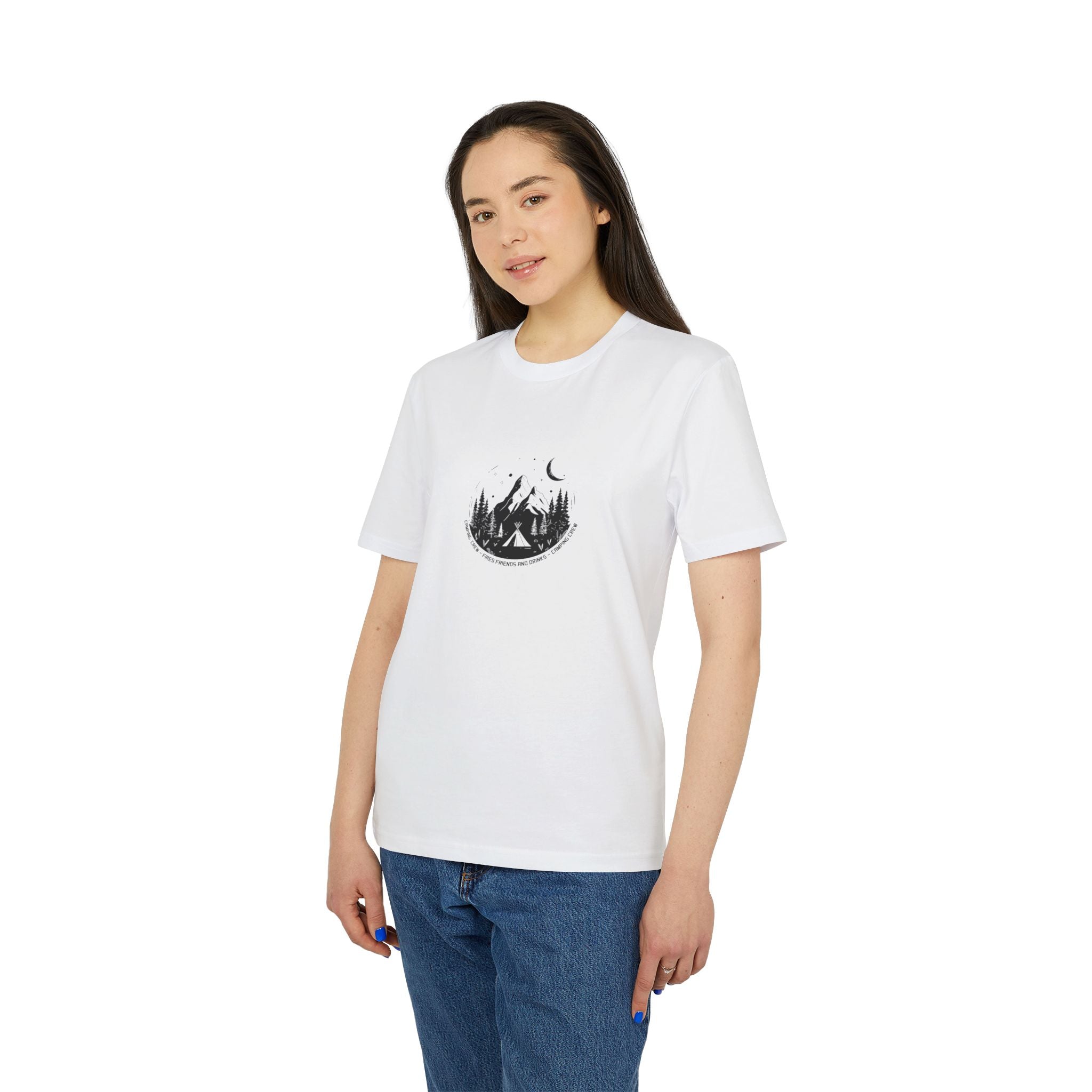 Camping Crew Outdoor Shirt, Sommer T-Shirt, Vintage Linoleum-Druck-Style aus Bio Baumwolle