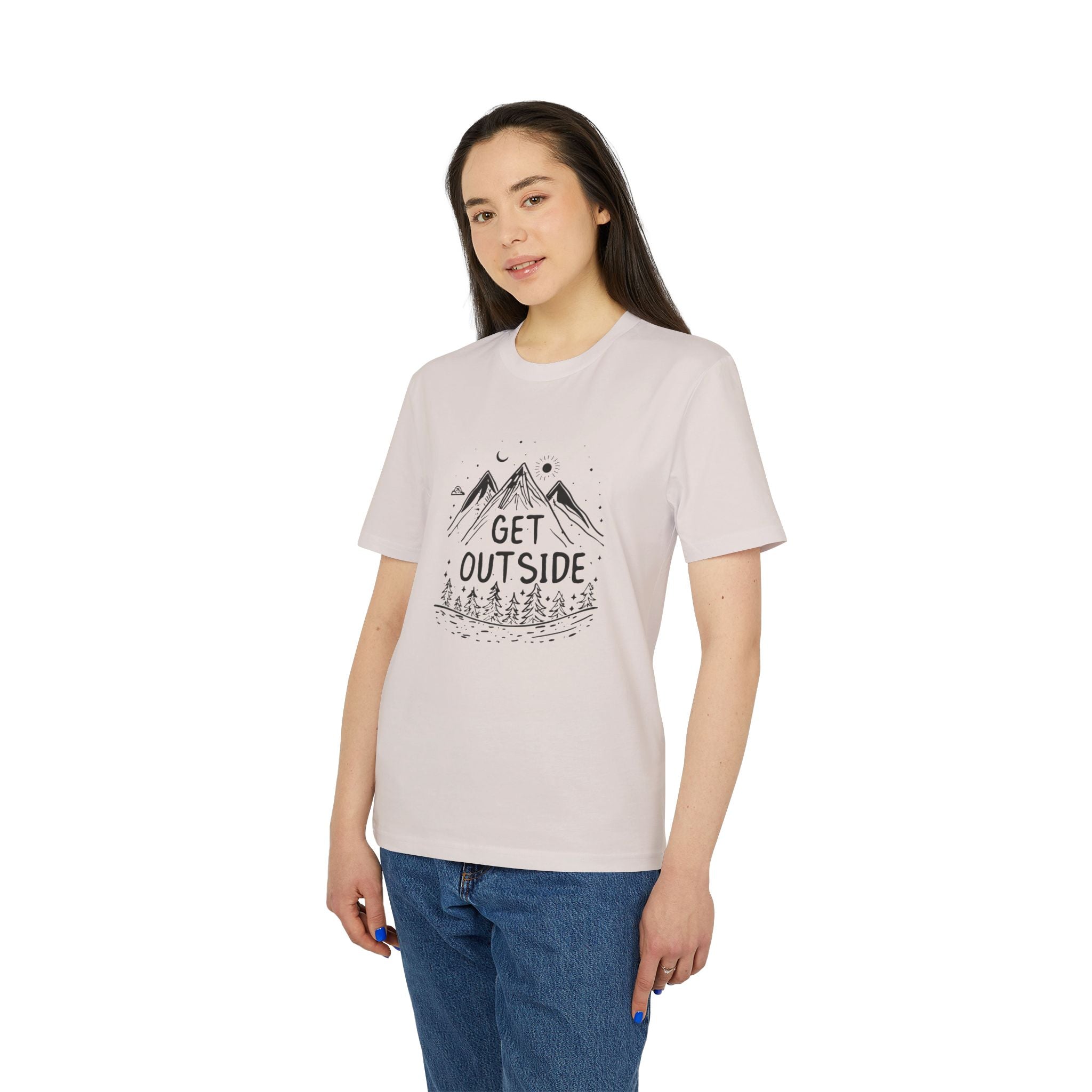 Get Outside T-Shirt – Outdoor Illustration mit Bergen & Wald | Unisex Bio-Baumwollshirt