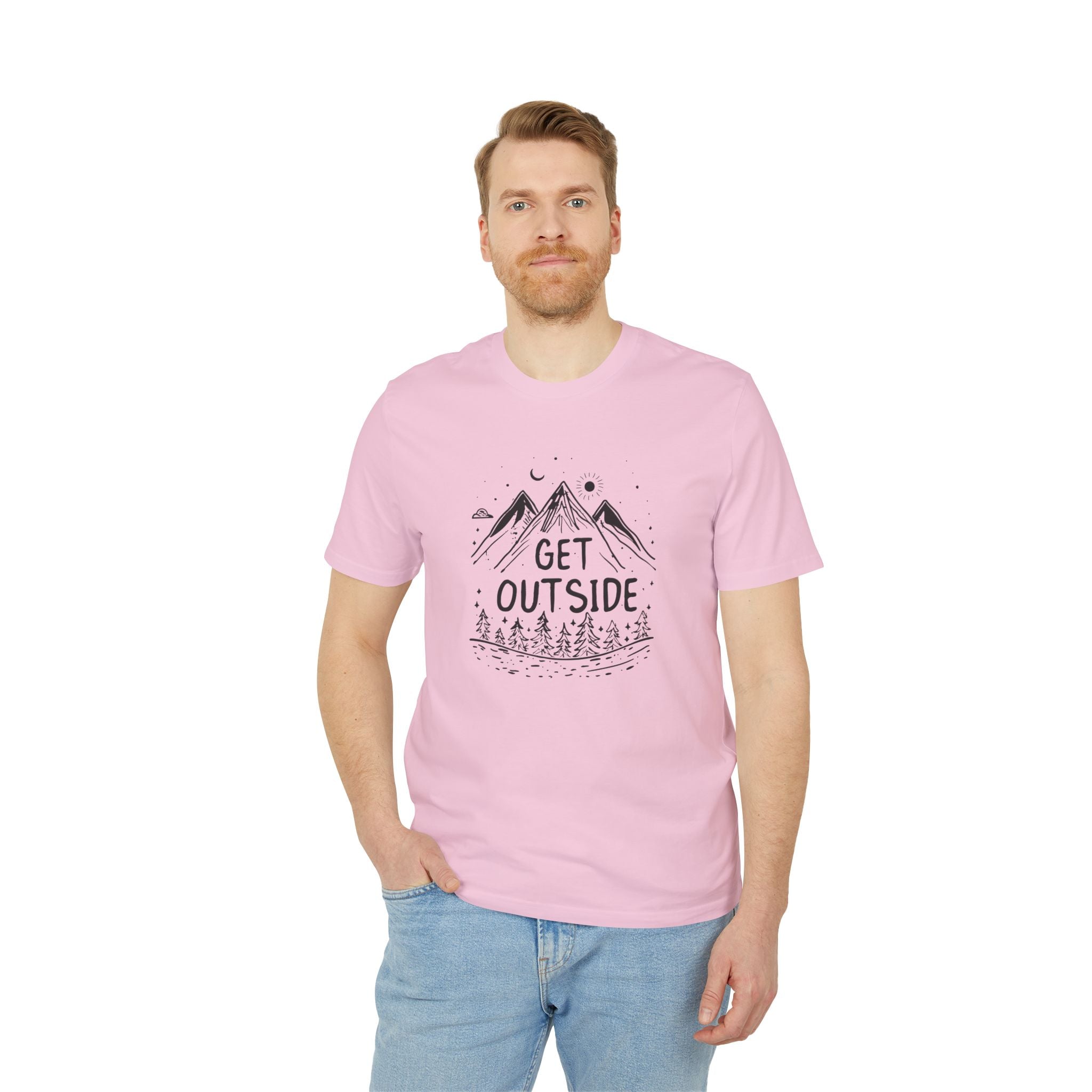 Get Outside T-Shirt – Outdoor Illustration mit Bergen & Wald | Unisex Bio-Baumwollshirt
