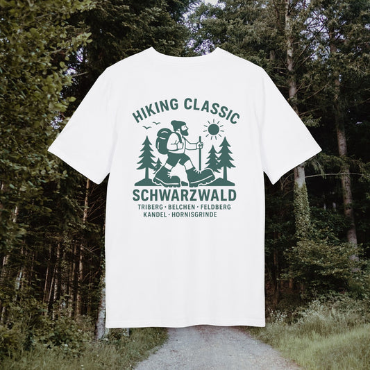 Hiking Classic Schwarzwald T-Shirt – Wanderer-Illustration mit Rückendruck | Schwarzwald Design | Unisex Bio-Baumwollshirt