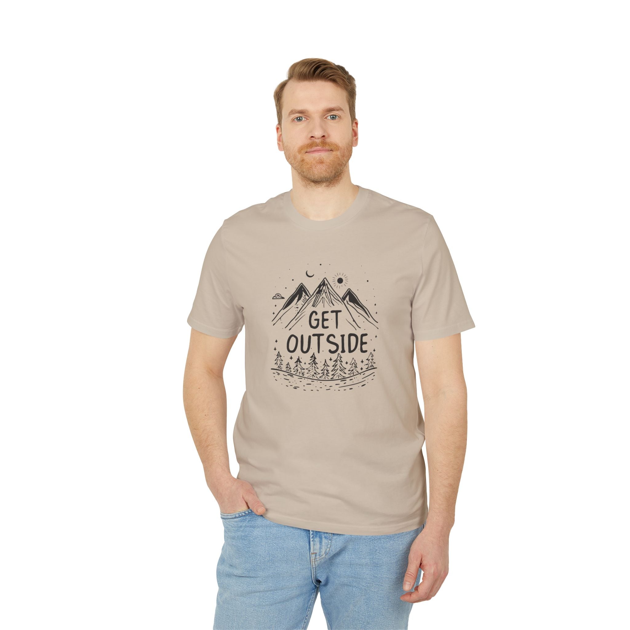 Get Outside T-Shirt – Outdoor Illustration mit Bergen & Wald | Unisex Bio-Baumwollshirt