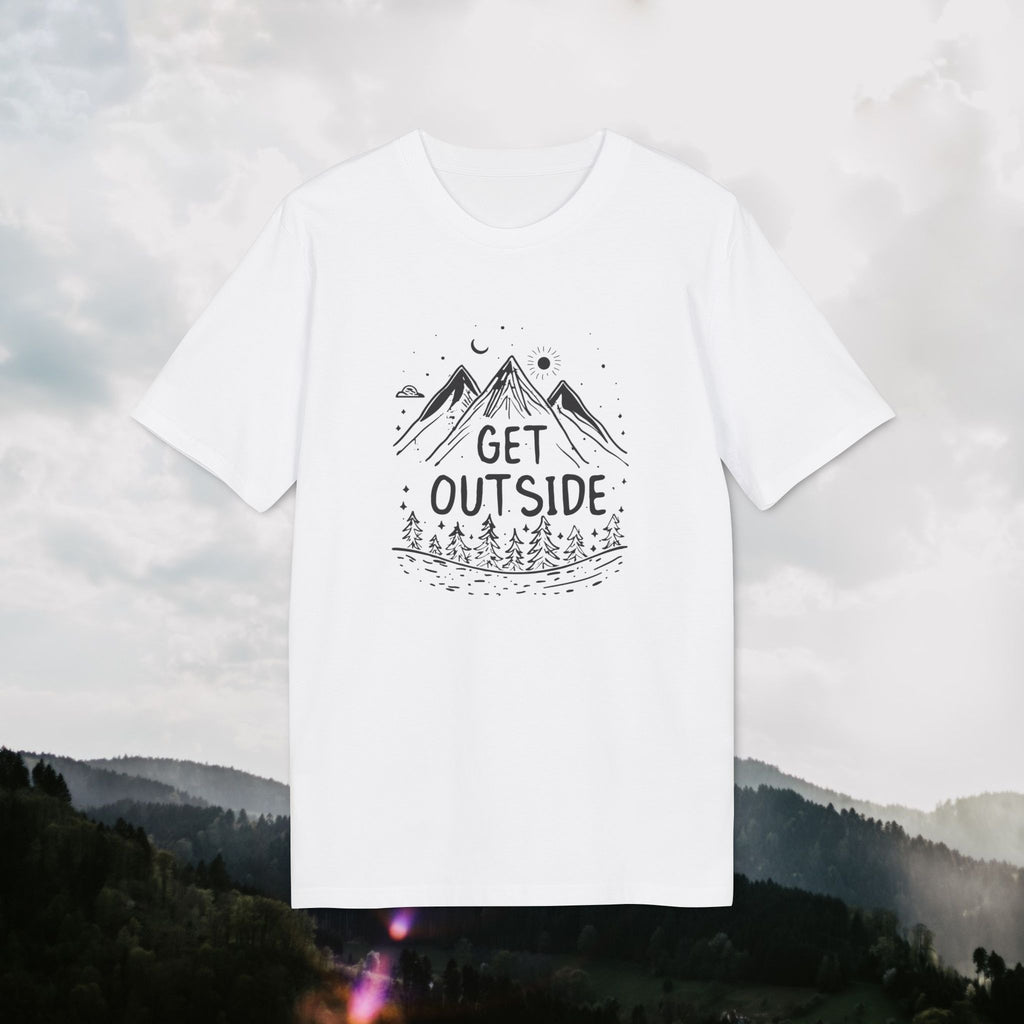 Get Outside T-Shirt – Outdoor Illustration with Mountains & Forest | Unisex Organic Cotton Shirt