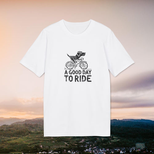 Weißes T-Shirt mit Fahrrad-Illustration und Schriftzug A Good Day to Ride, Abendlandschaft