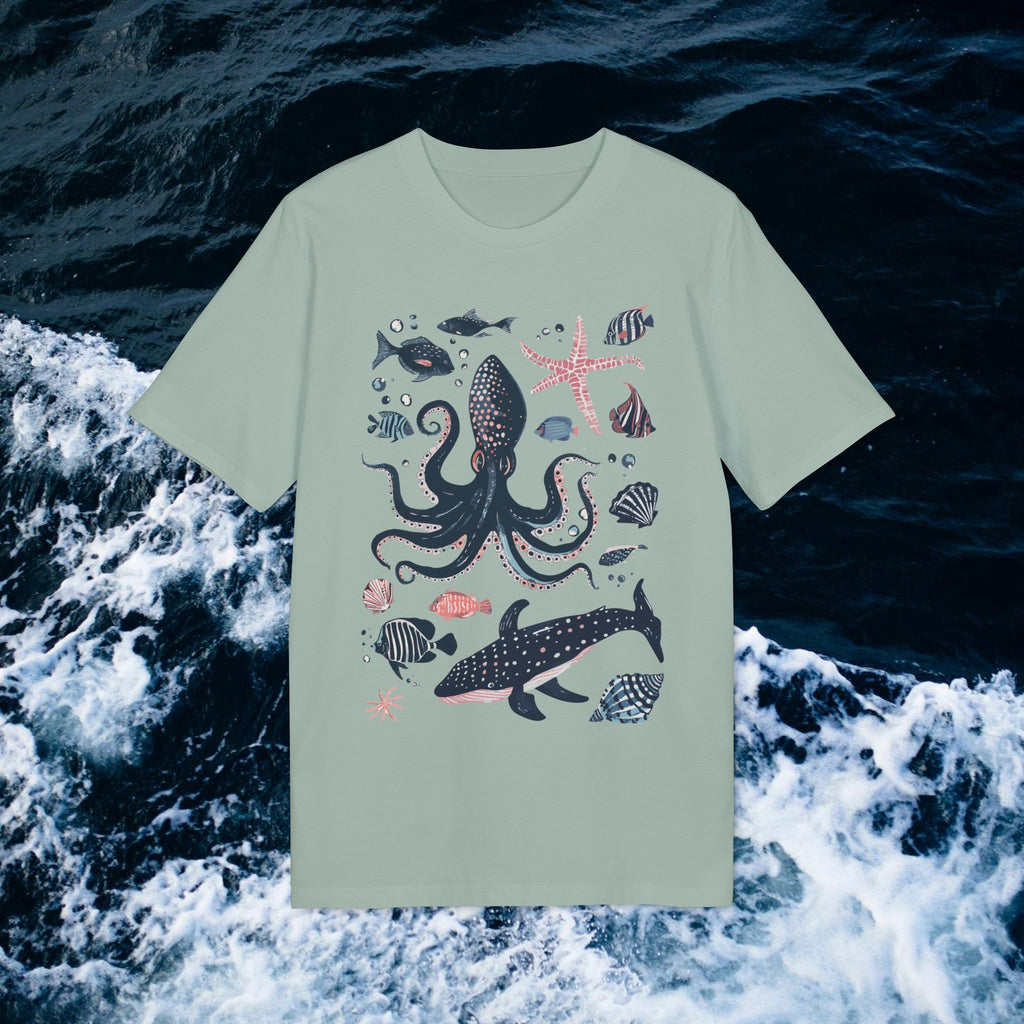 Meerestiere Illustration, Maritimes Design T-Shirt aus Baumwolle Unisex mit Print vorne, Ozean, Wale, Fische