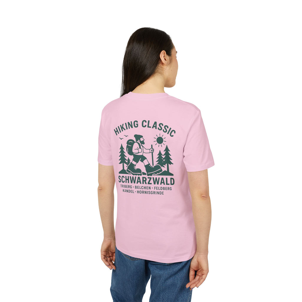 Hiking Classic Schwarzwald T-Shirt – Wanderer-Illustration mit Rückendruck | Schwarzwald Design | Unisex Bio-Baumwollshirt