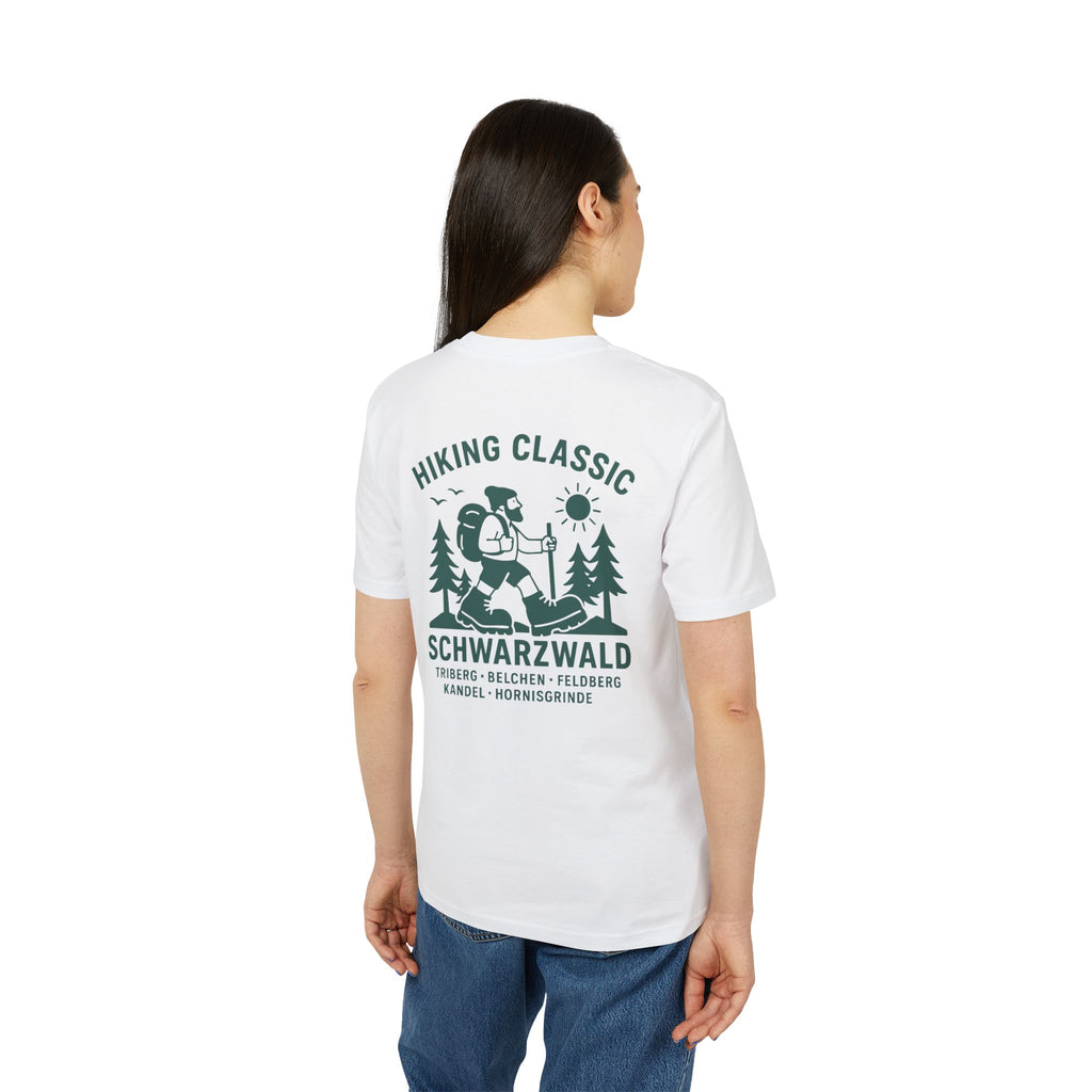 Hiking Classic Schwarzwald T-Shirt – Wanderer-Illustration mit Rückendruck | Schwarzwald Design | Unisex Bio-Baumwollshirt