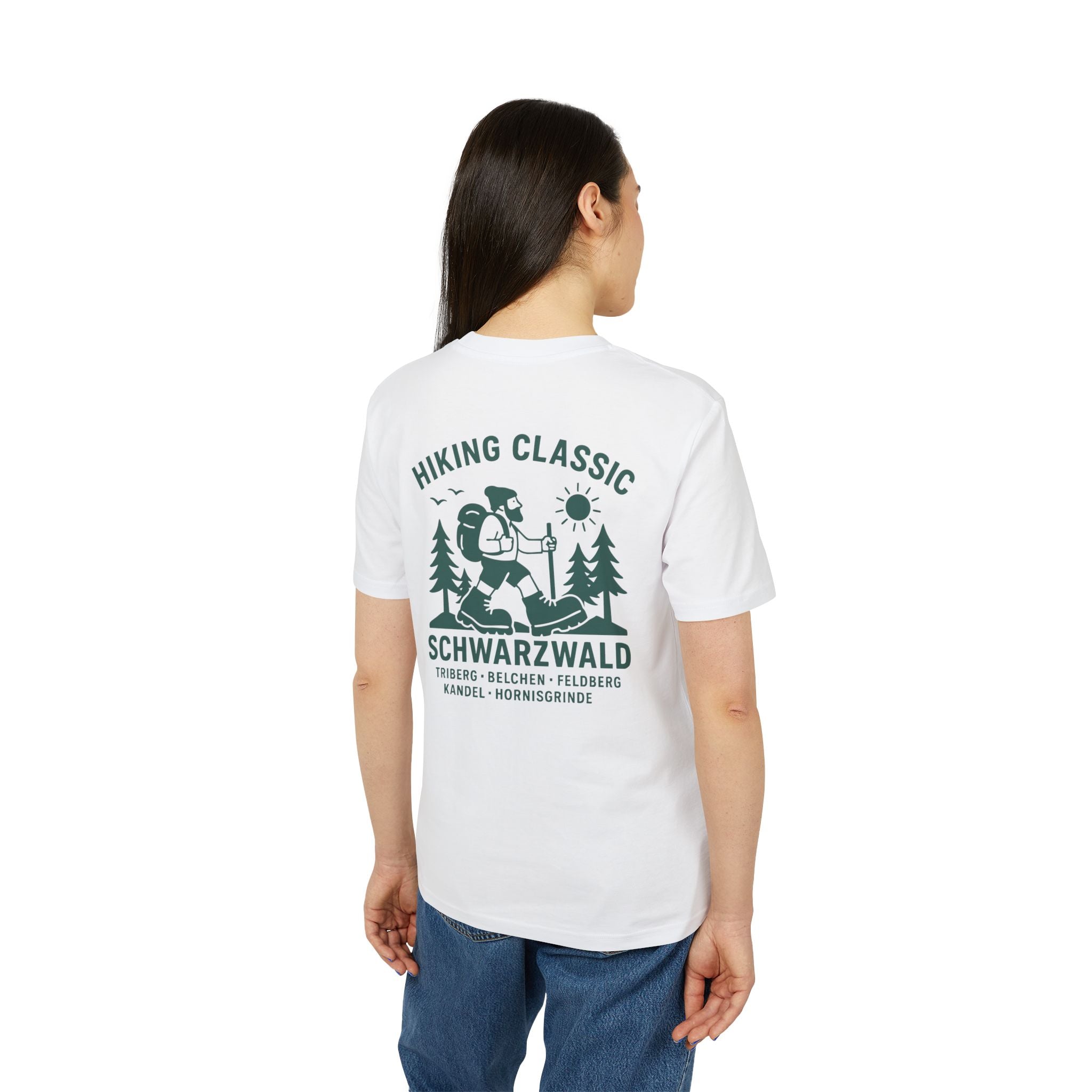 Hiking Classic Schwarzwald T-Shirt – Wanderer-Illustration mit Rückendruck | Schwarzwald Design | Unisex Bio-Baumwollshirt