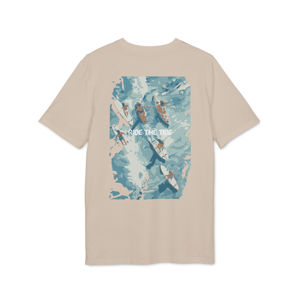 Surfbrett Illustration, "Ride the Tide", Meer Surfen Design T-Shirt aus Baumwolle Unisex mit Print vorne und hinten, Ozean