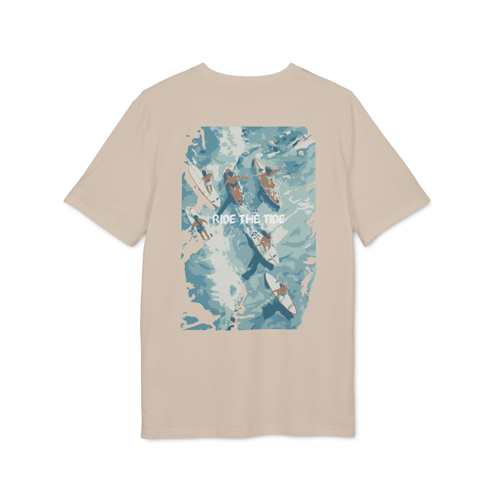 Surfbrett Illustration, "Ride the Tide", Meer Surfen Design T-Shirt aus Baumwolle Unisex mit Print vorne und hinten, Ozean