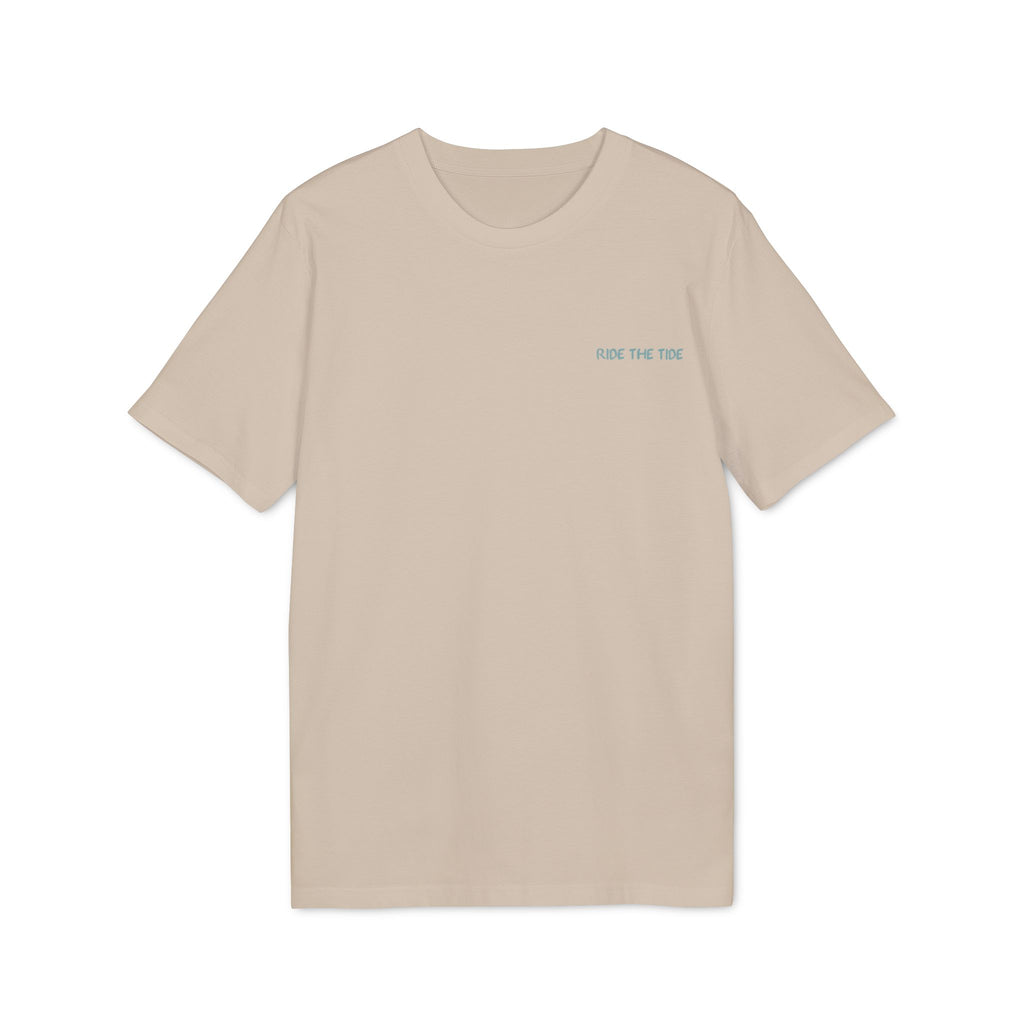 Surfbrett Illustration, "Ride the Tide", Meer Surfen Design T-Shirt aus Baumwolle Unisex mit Print vorne und hinten, Ozean