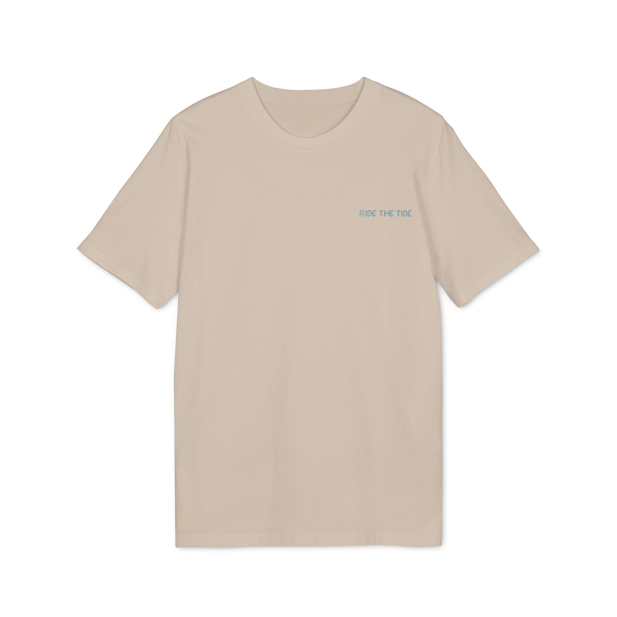 Surfbrett Illustration, "Ride the Tide", Meer Surfen Design T-Shirt aus Baumwolle Unisex mit Print vorne und hinten, Ozean