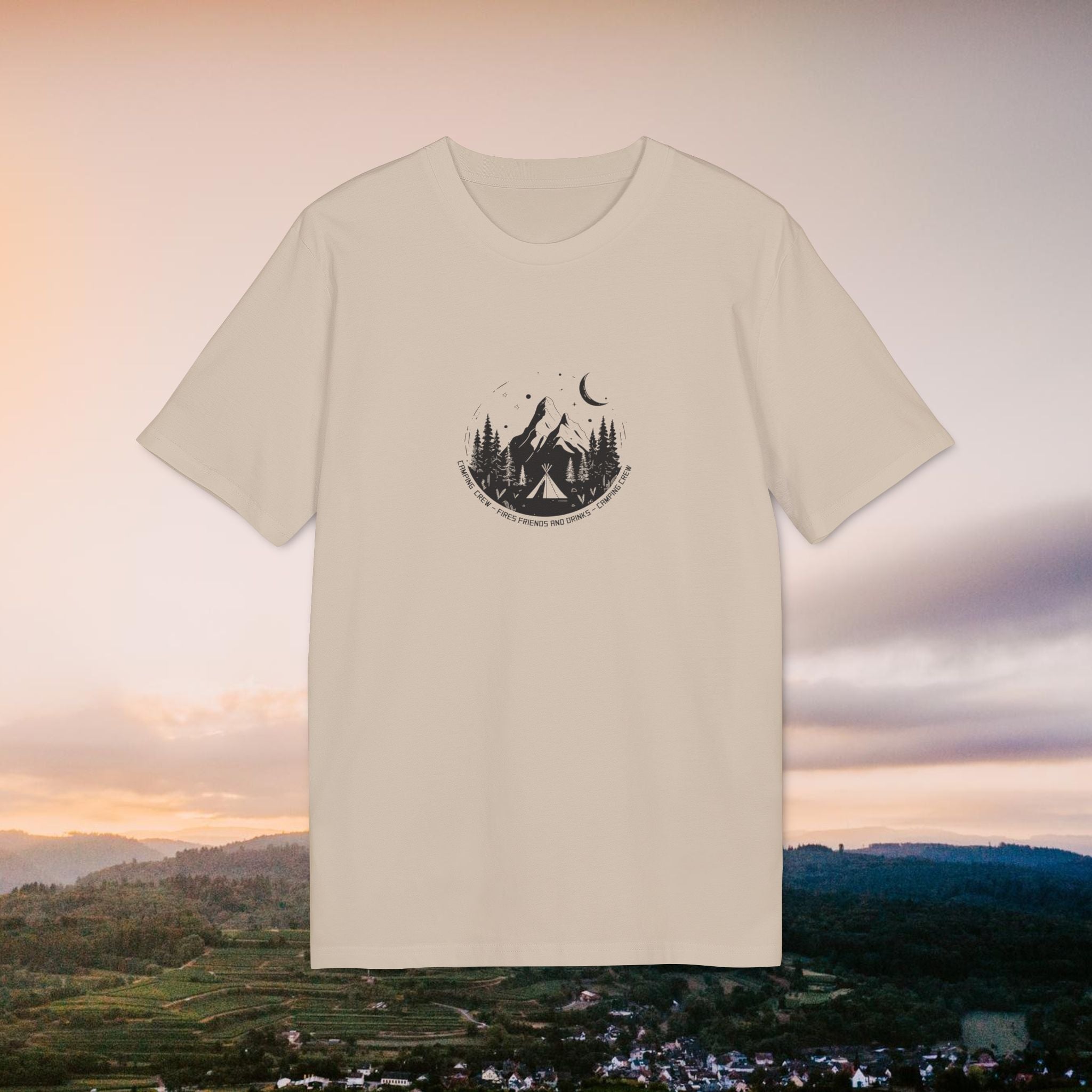 Camping Crew Outdoor Shirt, Sommer T-Shirt, Vintage Linoleum-Druck-Style aus Bio Baumwolle