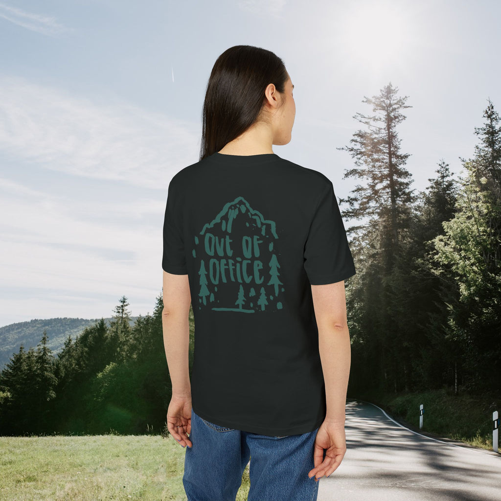 Out of Office T-Shirt, Outdoor Shirt mit Berge Wald Motiv, Abenteuer Urlaub Shirt, Wanderer, Baumwolle