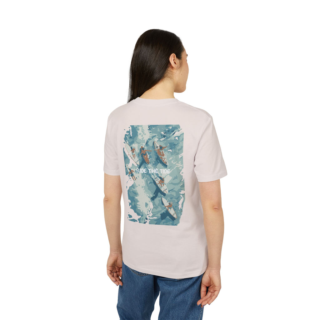 Surfbrett Illustration, "Ride the Tide", Meer Surfen Design T-Shirt aus Baumwolle Unisex mit Print vorne und hinten, Ozean