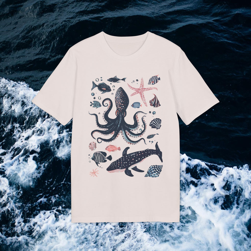Meerestiere Illustration, Maritimes Design T-Shirt aus Baumwolle Unisex mit Print vorne, Ozean, Wale, Fische