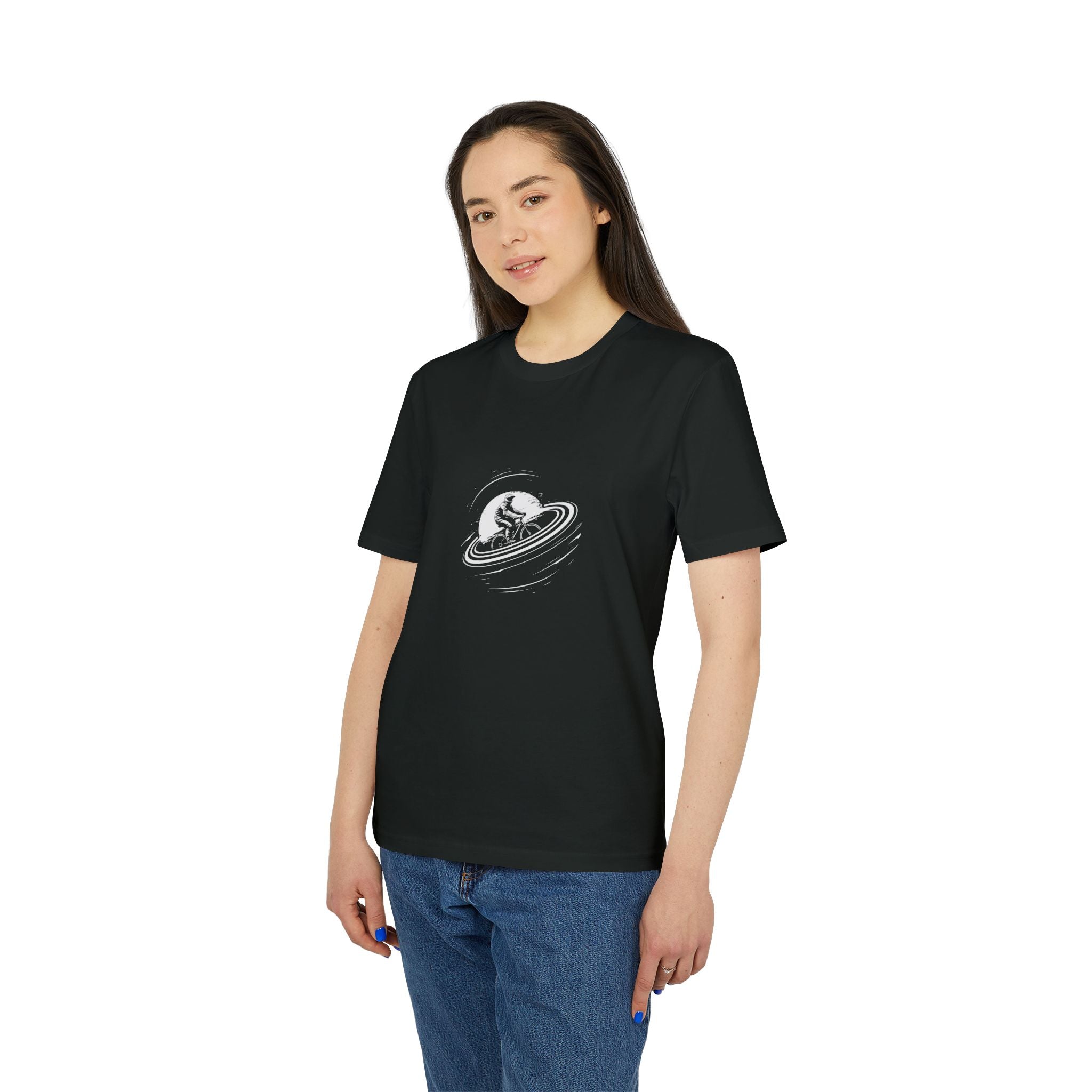 Fahrrad im Universum, Radsport Shirt, Illustration, T-Shirt aus Bio Baumwolle Unisex mit Print vorne