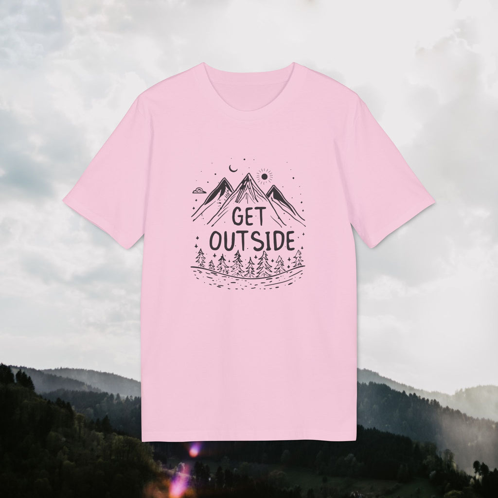 Get Outside T-Shirt – Outdoor Illustration with Mountains & Forest | Unisex Organic Cotton Shirt