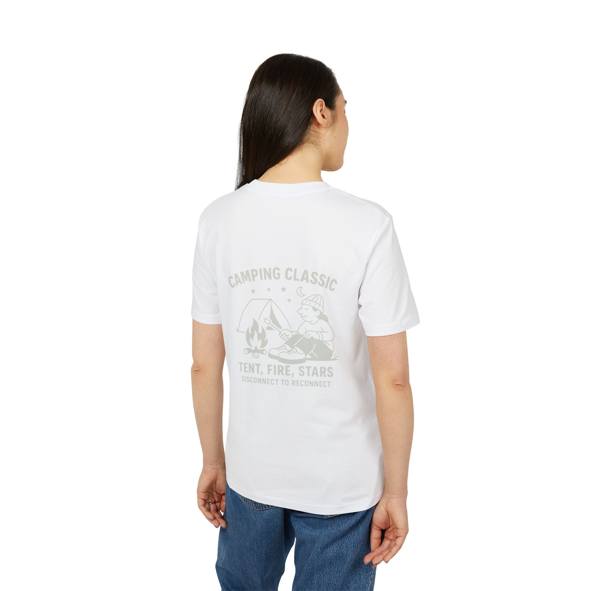 Camping Classic T-Shirt – Tent, Fire, Stars | Lagerfeuer-Design mit Rückendruck | Unisex Bio-Baumwollshirt