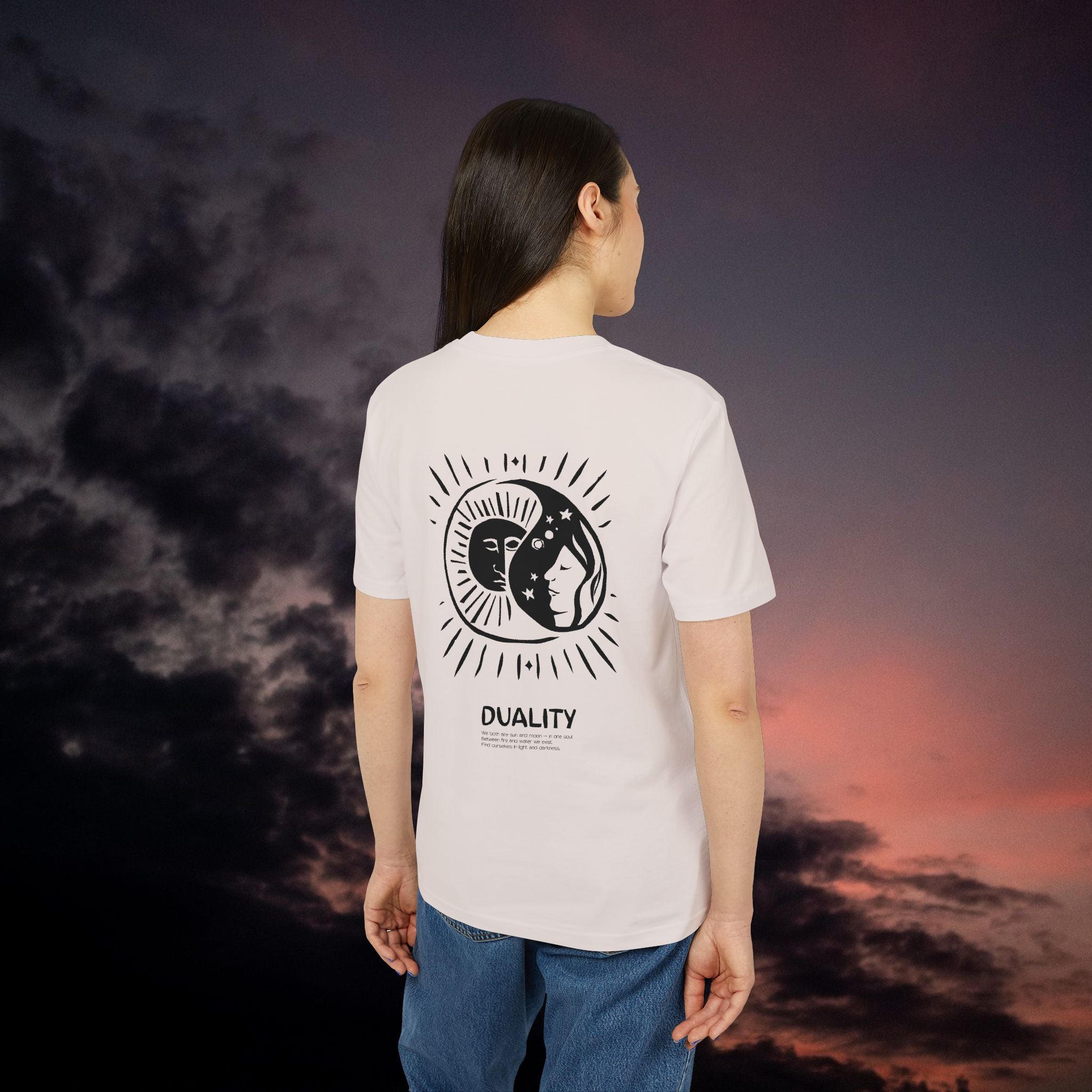 Yin und Yang T-Shirt, Dualität, Sonne und Mond Design, Spirituelles Unisex Shirt in Scherenschnitt-Optik, Baumwolle, Medium Fit